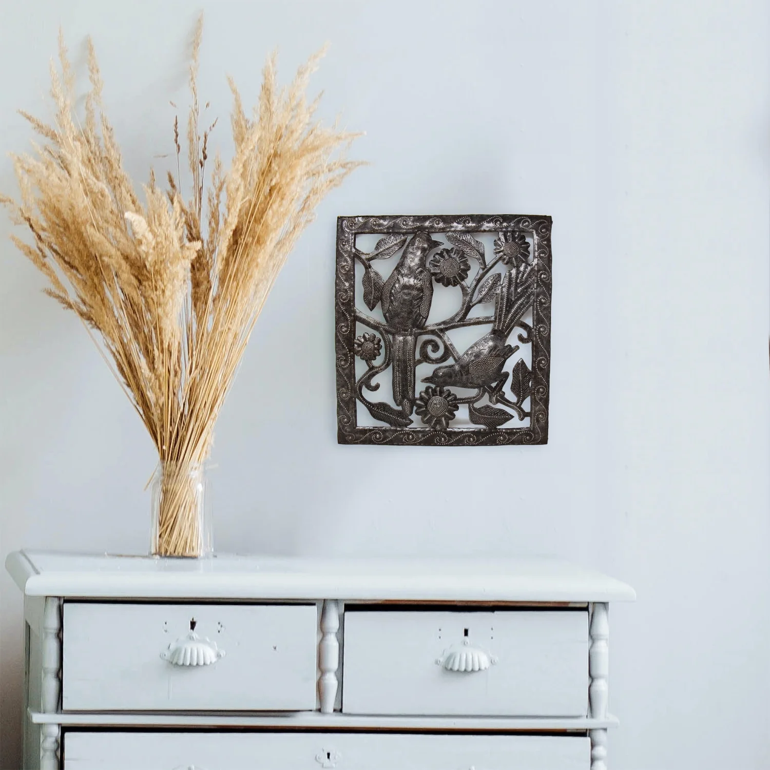 Two Birds Ringed Haitian Steel Drum Square Wall Art