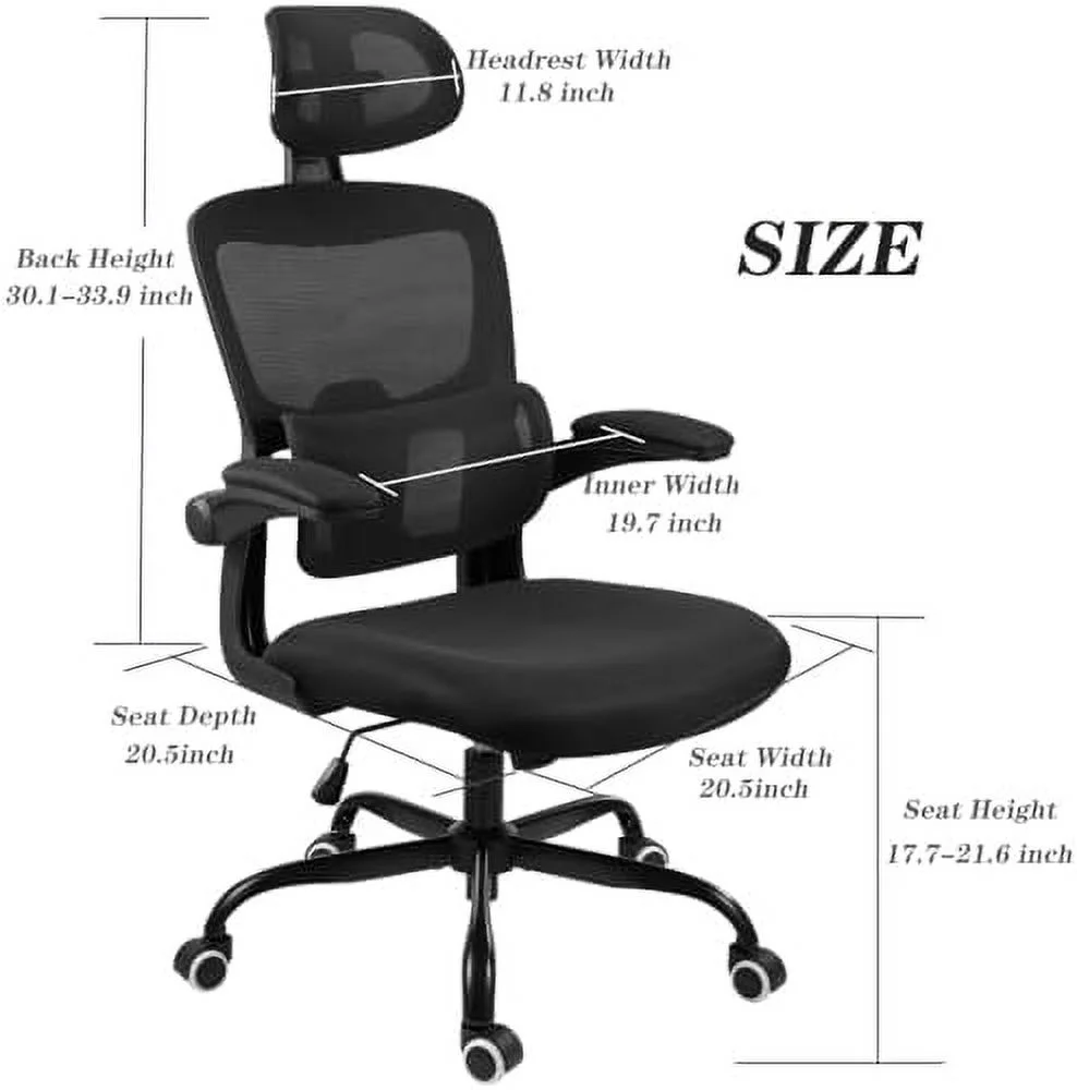 FDSHOIYN Ergonomic Office Chair Mesh Desk Chair Lumbar and Back Support Computer Chair with Adjustable Headrest Pillow  Swivel Casters and Flip-up Armrests for Home Office (Black)