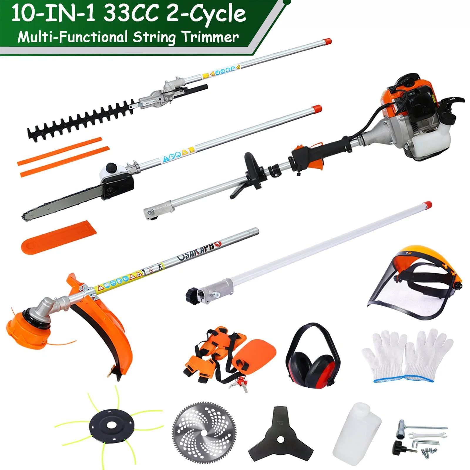 10-IN-1 String Trimmer Gas Powered, 33cc Multi-Functional Weed Eater Set w/2 Stroke Engine, Adjustable 90° Hedge Trimmer, 10