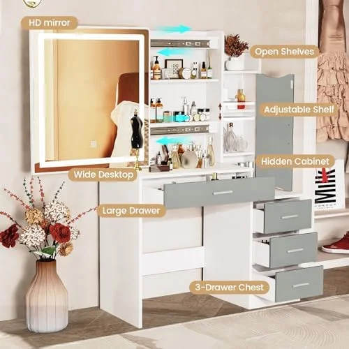 xrboomlife Vanity Desk   Vanity Table with Sliding LED Lighted Mirror  Vanity Table with 4 Drawers & Cabinet  3 Lighting Modes & Brightness Adjustable  Bedroom Dressing Table  Whi
