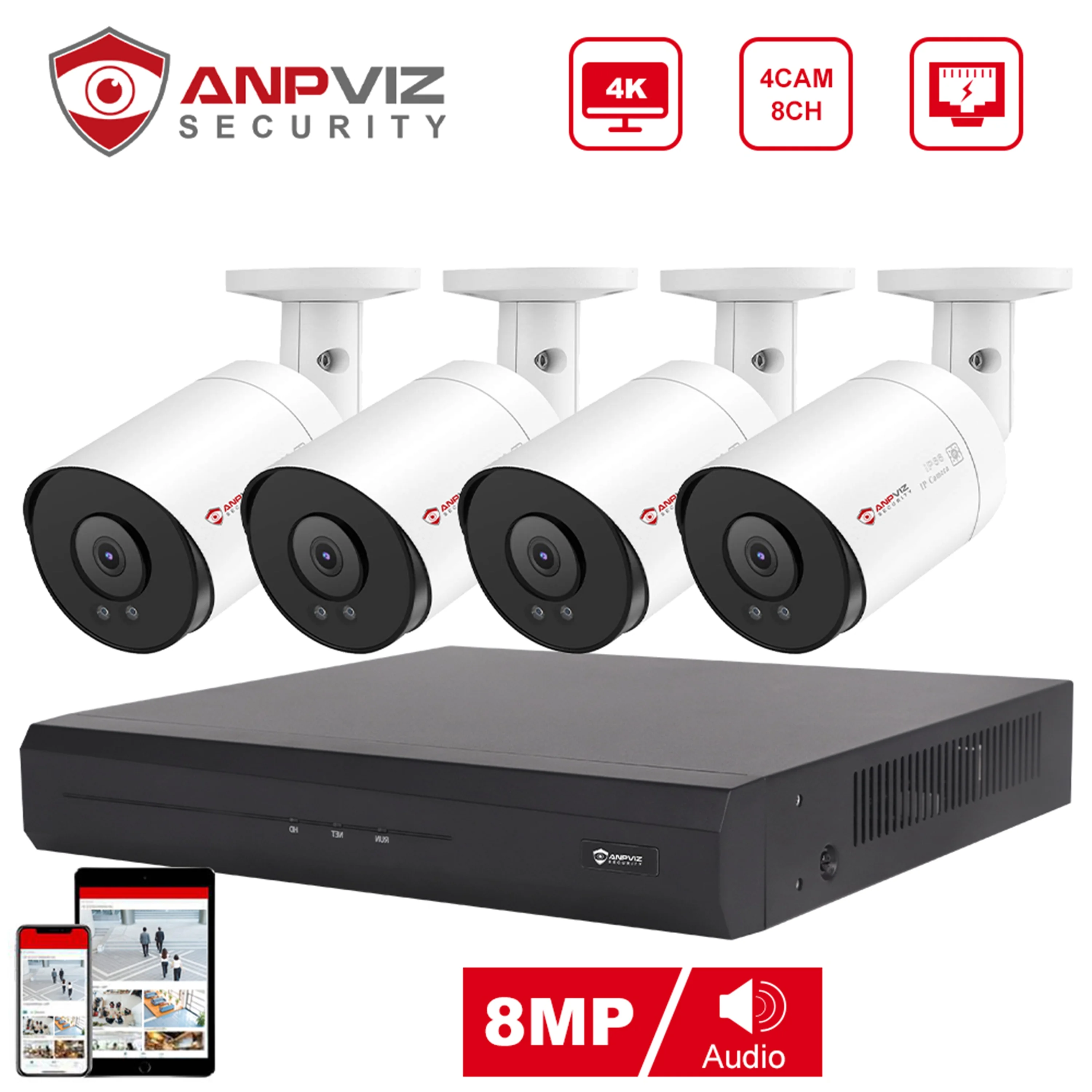 Anpviz 4K 8CH PoE Security Camera System, 4pcs Wired 8MP Bullet PoE IP Cameras Outdoor with Person Vehicle Detection, 8MP  8-CH NVR with2TB HDD for 24/7 Recording