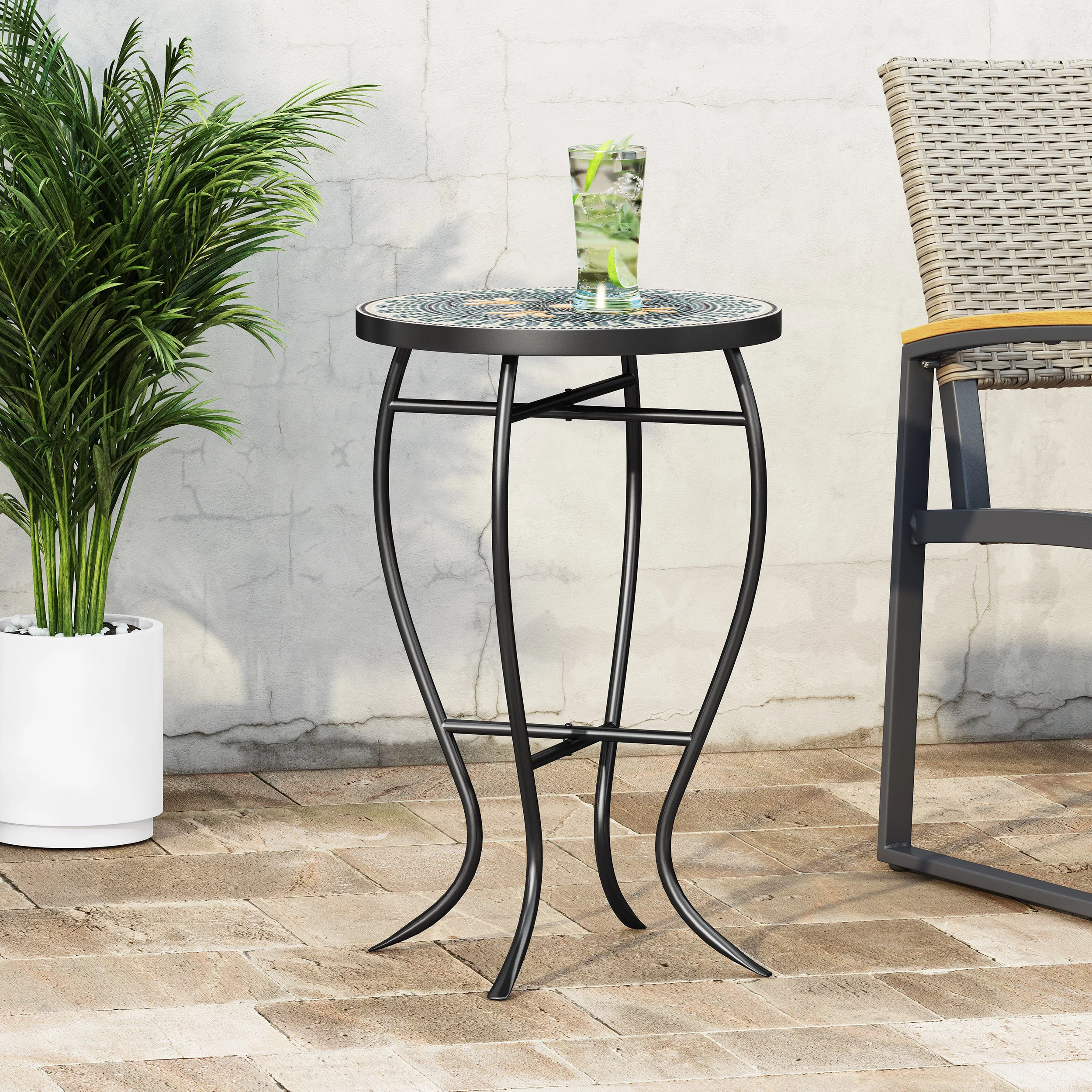 Jaki Outdoor Side Table with Tile Top, Teal, Yellow, and Black