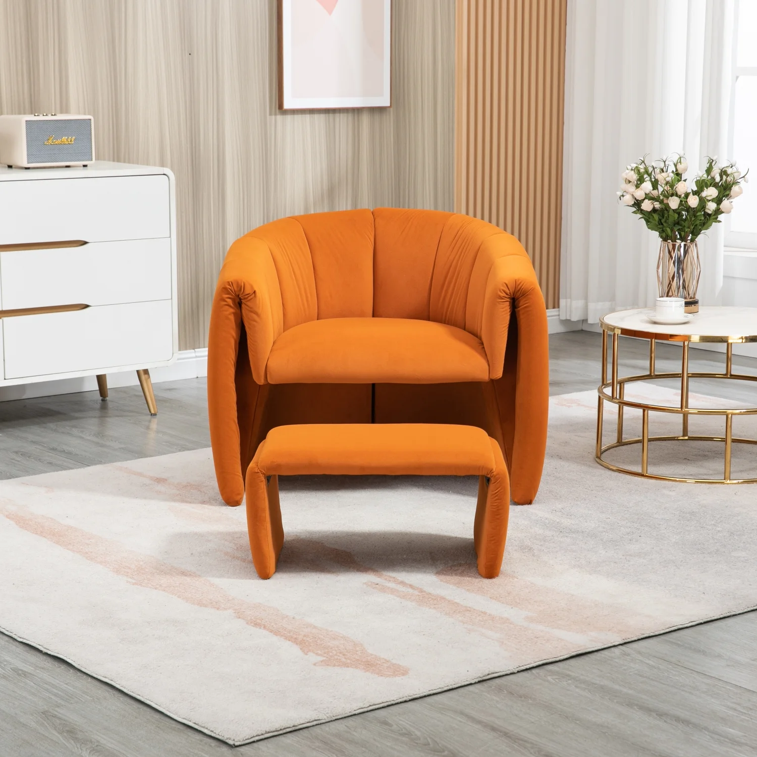 Stylish Modern COOLMORE Upholstered Accent Chair with Ottoman - Elegant Mid Century Barrel Chair for Living Room - Chic Club Tub Chair with Round Arms and Comfortable Padding