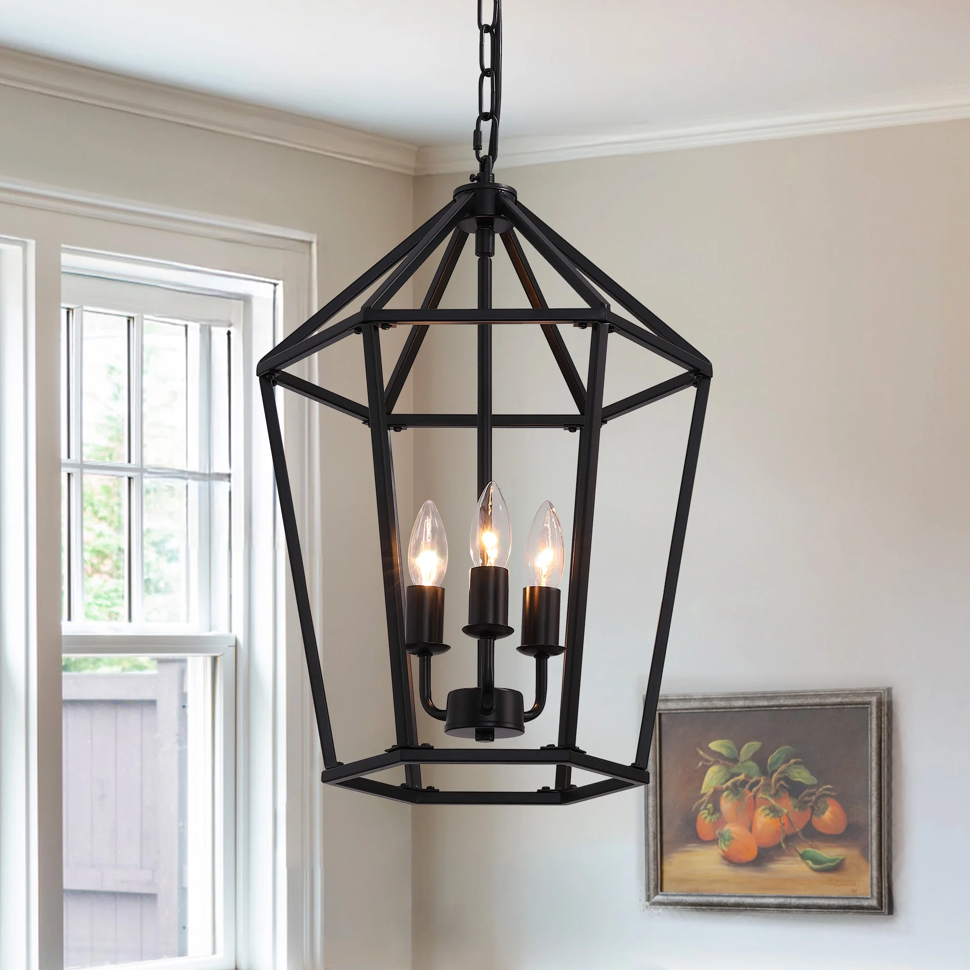 HOOMEDELIER 3-Light Geometric Pendant Light Fixture Vintage Black Caged Metal Chandelier 14.2