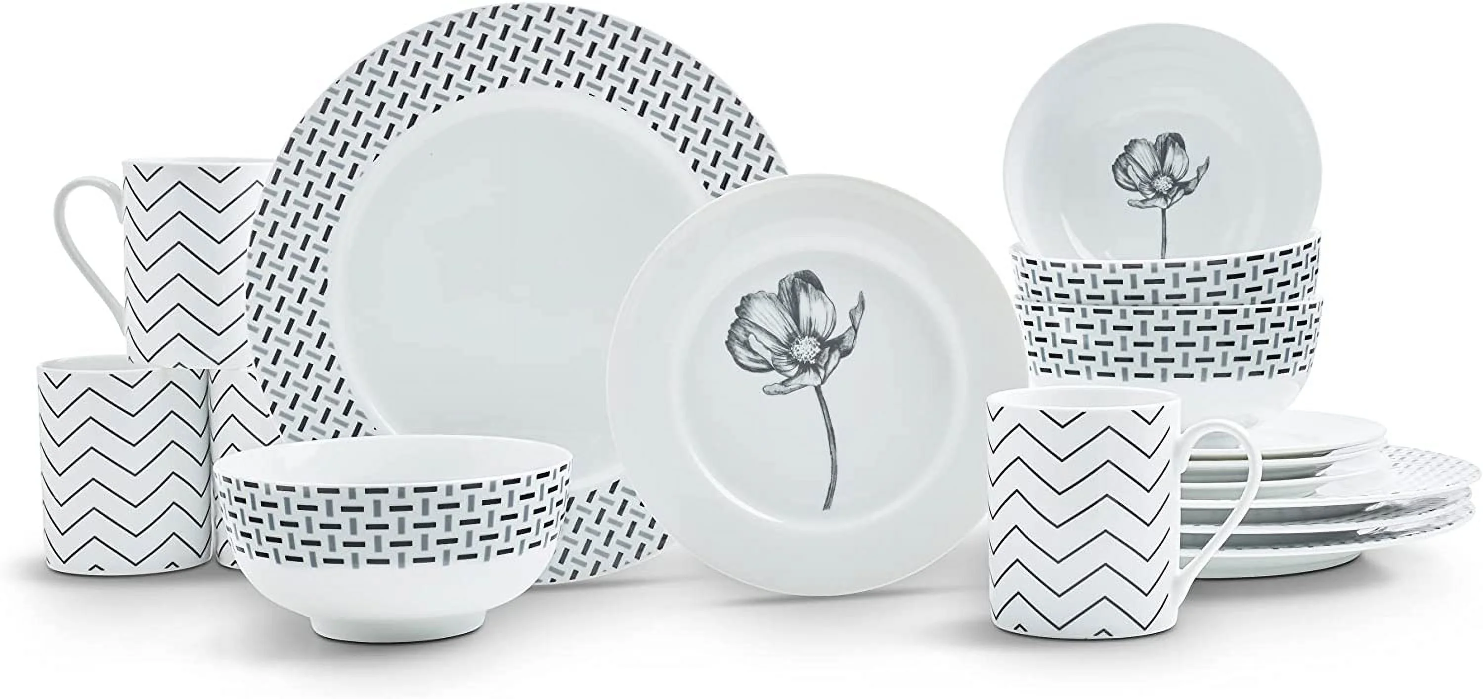Home Collection Stella 16 Piece Set, Made Of Fine Porcelain, Black And White, Geo And Flower Patterns, Service For 4, Dishwasher And Microwave Safe
