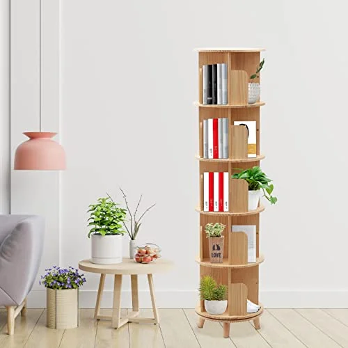 5 Tier Rotating Bookshelf 360 Degrees Book Shelf Free Standing Solid Wood Bookshelf Organizer Spinning Bookshelf Tower Rotating Bookshelf Kids Stackable Shelves for Home Office Study Living Room DIY