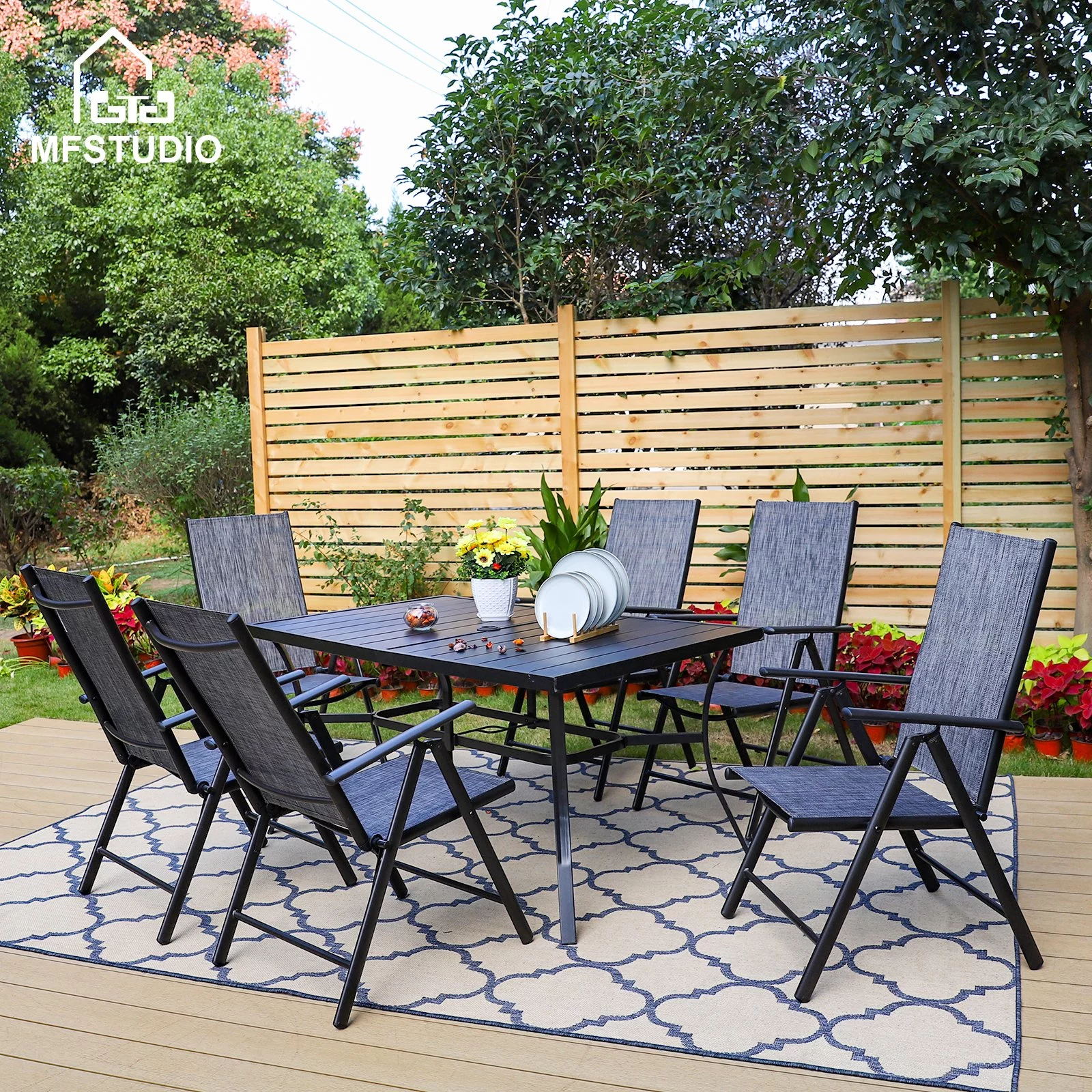 MF Studio 7-Piece Outdoor Patio Dining Set with Textilene 7-level Adjustable Folding Chairs&Rectangle Table, Gray