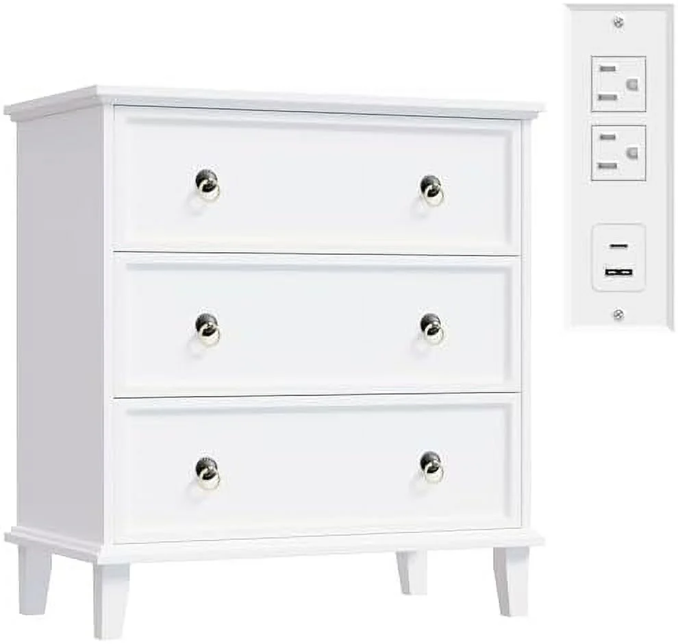 TJCGDTY Nightstand with 3 Drawers and Charging Station   End Table with   Modern Farmhouse Bedside Table for Bedroom  Hallway  Entryway  Home Office  White