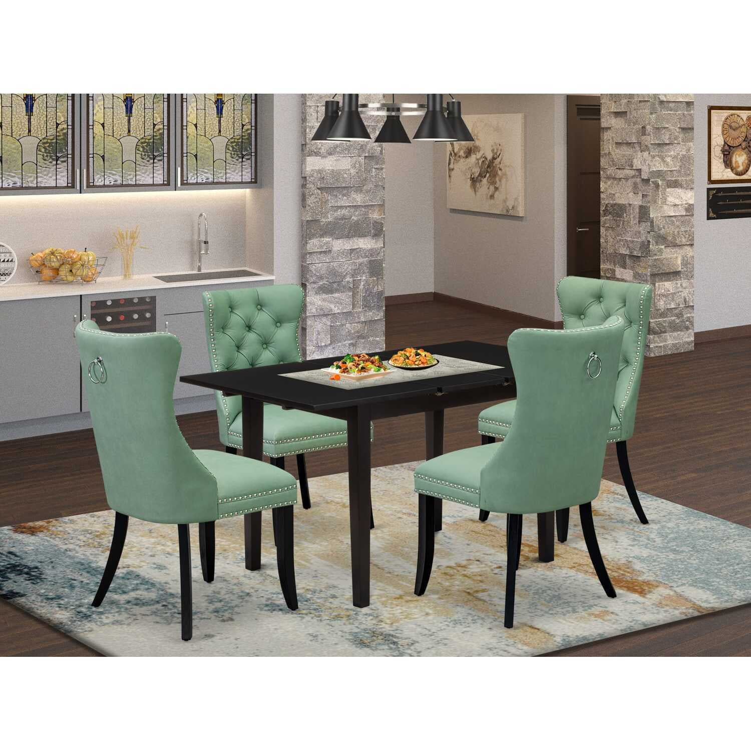 HomeStock 5 Piece Dining Set Consists Of A Rectangle Wooden Table With Retro Renaissance Leaf And 4 Upholstered Chairs, Black