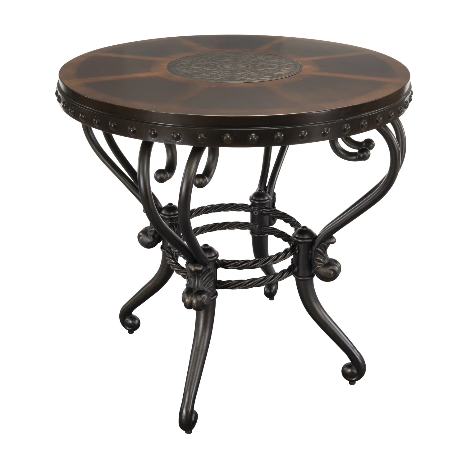 Elegant Traditional Round End Table with Decorative Top and Curved Metal Base  Dark Cherry Finish - Ideal Living Room Furniture Accent Piece for Formal Settings - 1pc