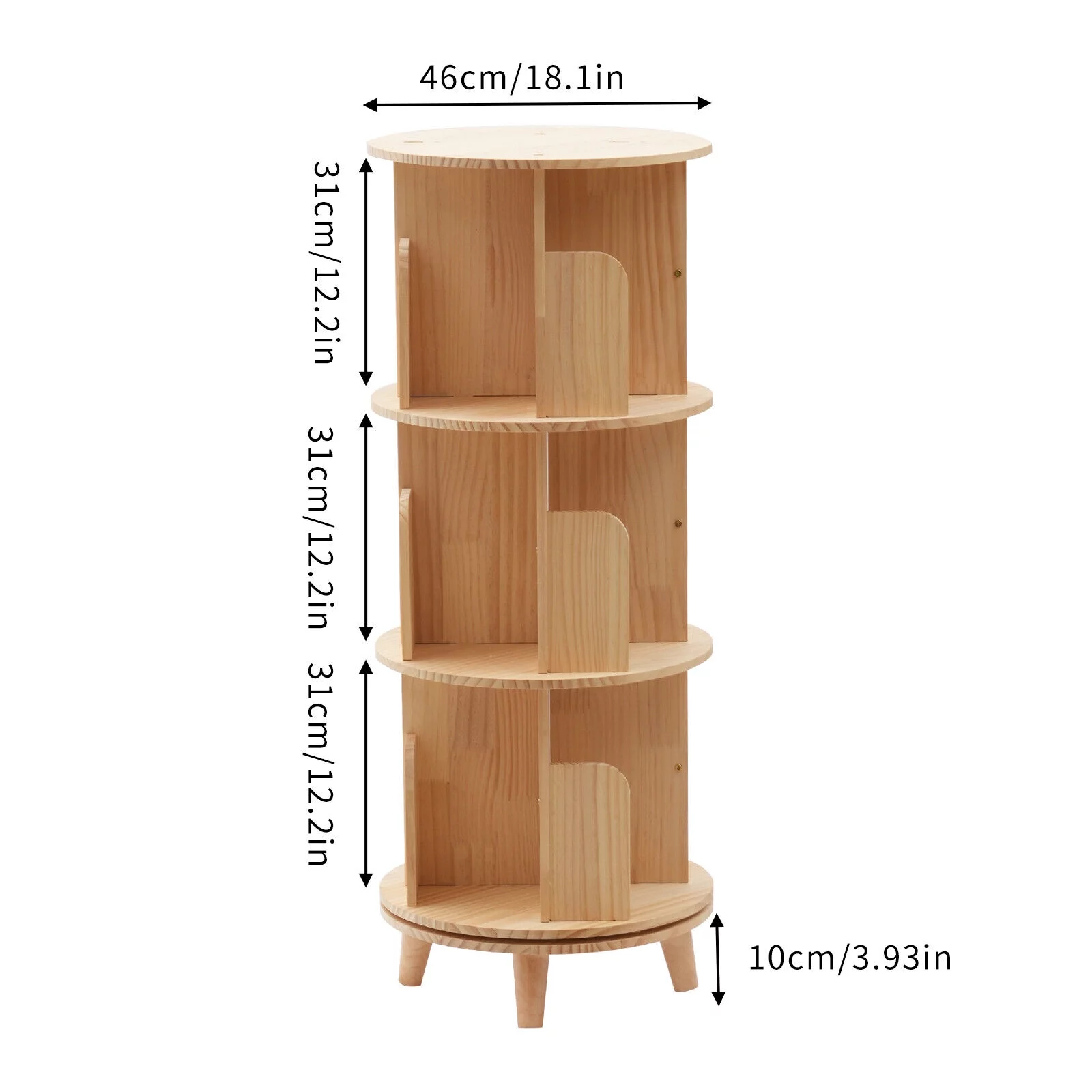 ZhdnBhnos 3 Tier Wooden Rotating Bookshelf Book Storage Stand Display Rack Shelves Floor Standing Bookcase Organizer