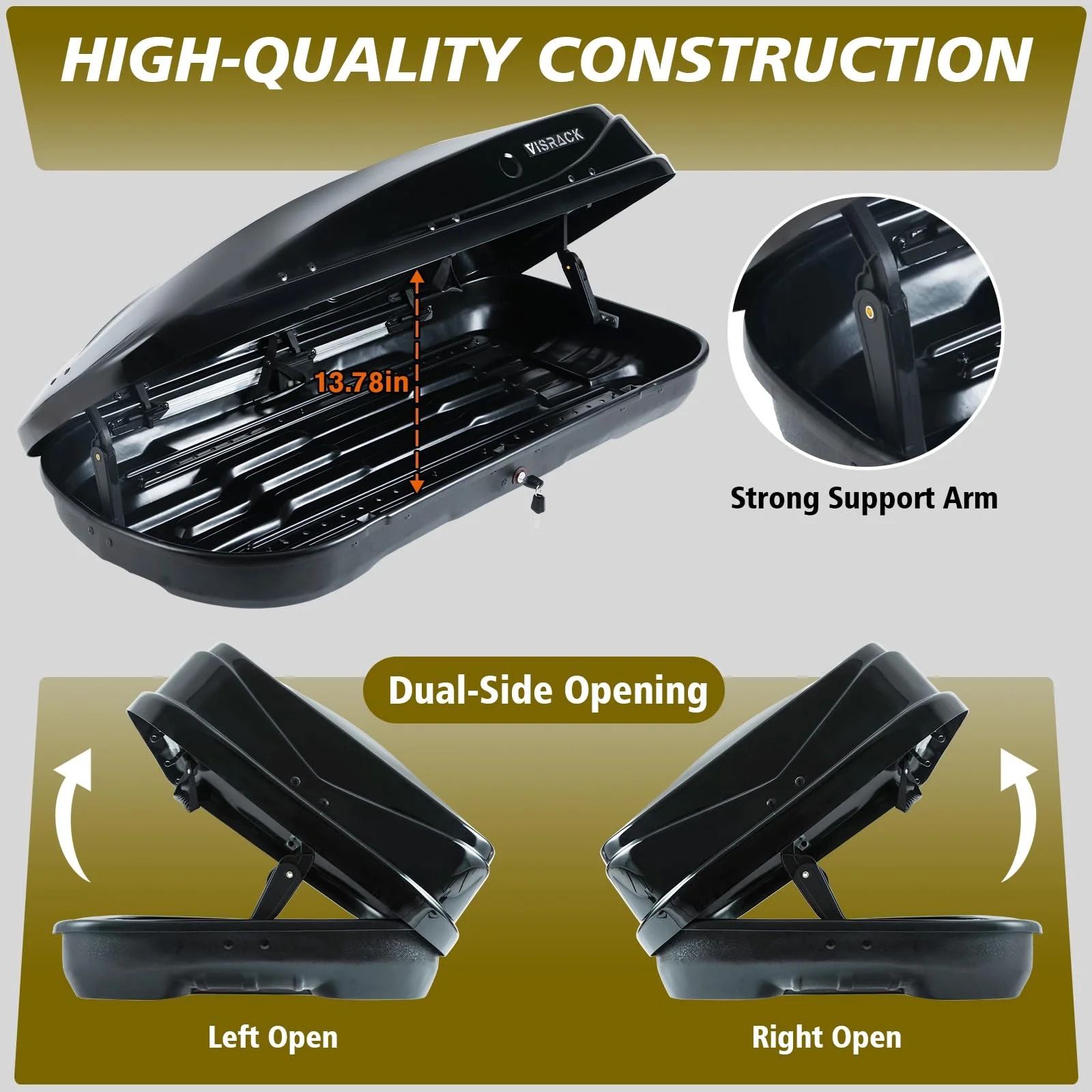 Gxcevsou 13 Cubic Feet Rooftop Cargo Carrier Box, Heavy Duty Hard Shell Roof with Security Keys, Waterproof Rooftop Cargo Box, 56 (L) x 30 (W) x 13.7(H) Inches, (Tool-Free Install), Black