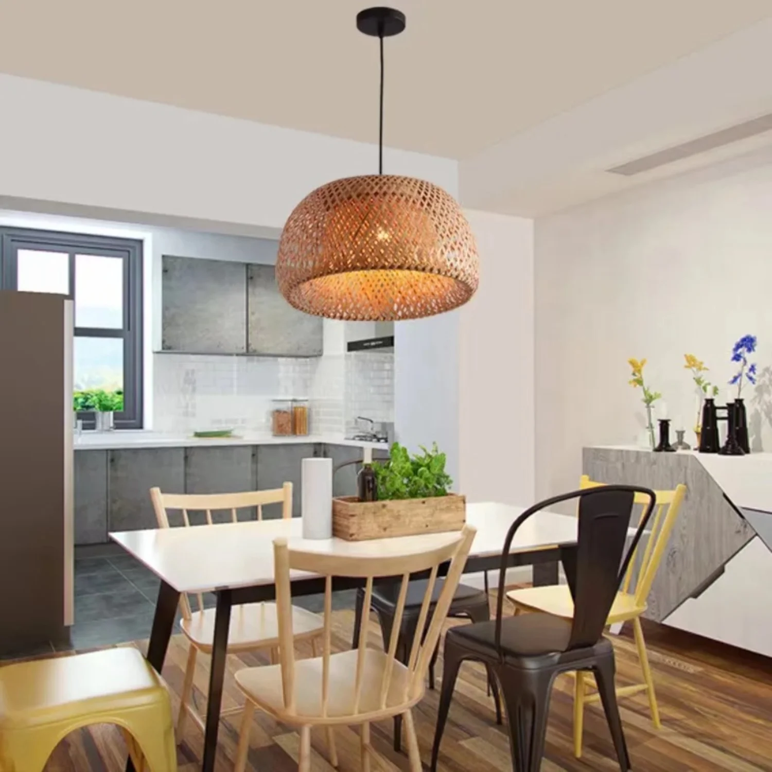 Elegant Bamboo Pendant Light with Rattan Lampshade for Restaurants - Stylish Hanging Bamboo Chandelier - Natural Bamboo Pendant Light for Modern Dining Decor - Rustic Bamboo Lampshade Pen