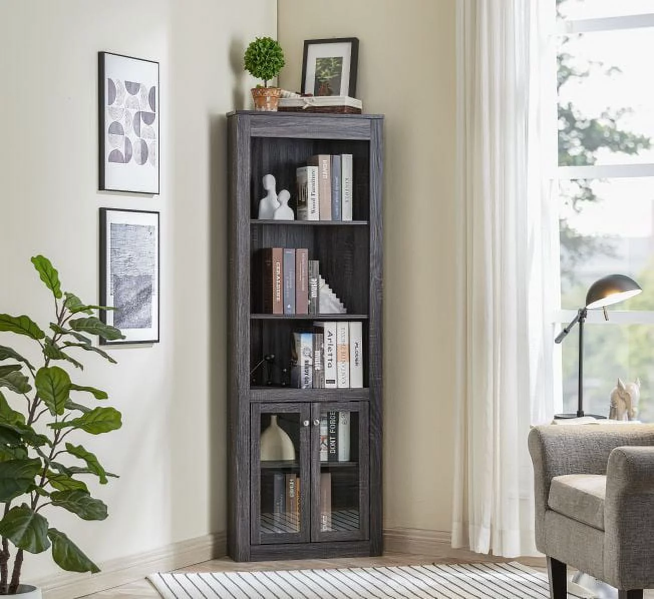 Home Source Bar Cabinet Bookshelf with Glass Doors in Chocolate Finish