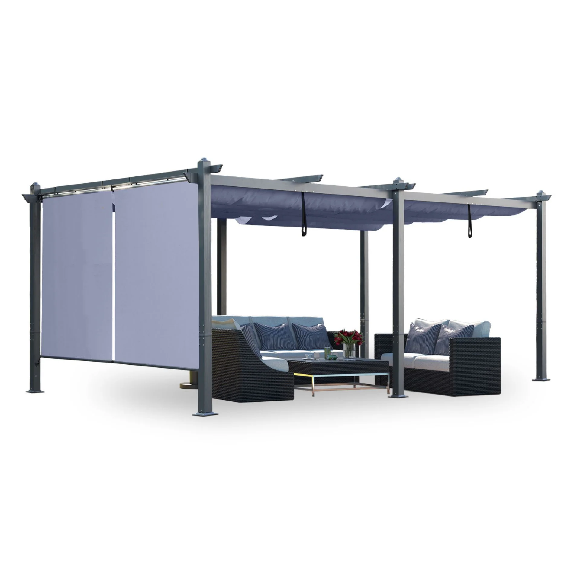 Aoodor 12 x 20 FT Outdoor Pergola with Retractable Shade Canopy, Dark Gray Matte Aluminum Frame, 2 Pieces Roller Shade Curtain, Grape Trellis Pergola for Patio Backyard and Deck - Charcoal Gray