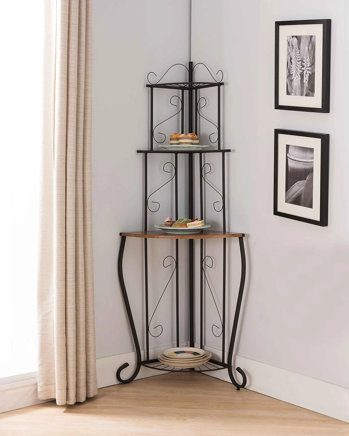 Black / Walnut Kitchen Storage Corner Bakers Rack