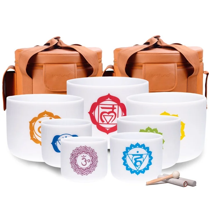 TOPFUND Chakra Design Set of 7 Crystal Singing Bowls 8-14 inch with Heavy Duty Carrying Case and Suede Stick