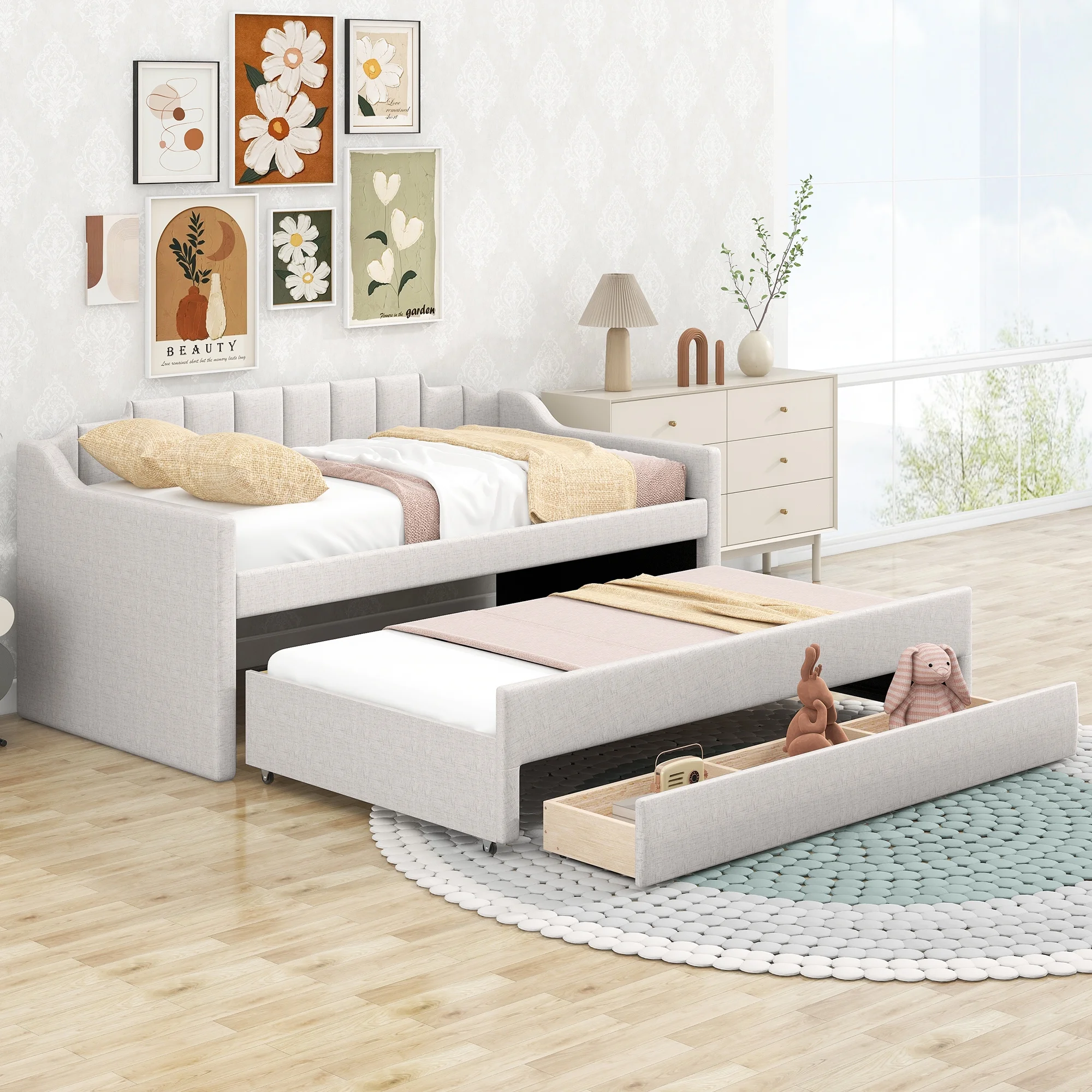 CoSoTower Twin Size Upholstered Daybed with Trundle and Three Drawers,Beige