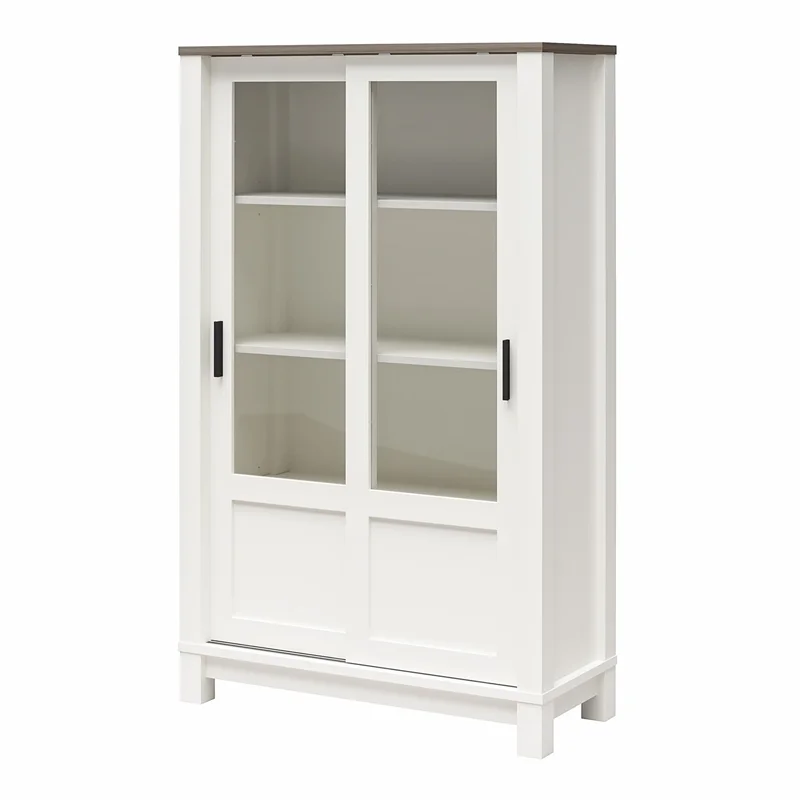 Pemberly Row Rustic Farmhouse Bookcase Cabinet - White w/Brown Oak