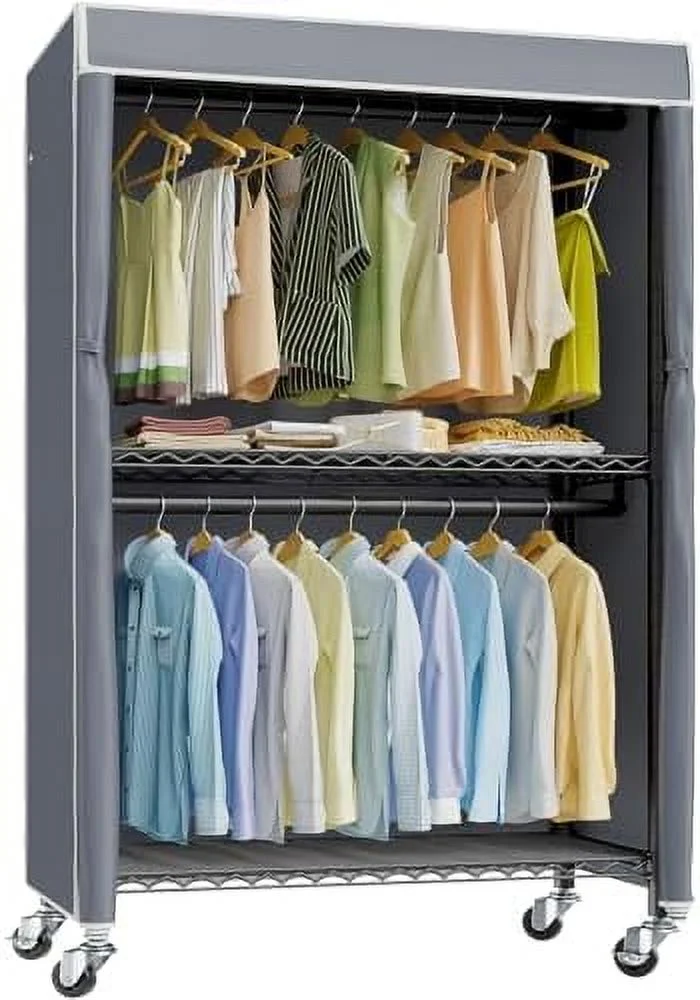 FDSHOIYN V12C Heavy Duty Rolling Garment Rack with Cover Clothing Rack for Hanging Clothes Portable Closets with Adjustable 3 Wire Shelving & Double Rods  Wardrobe on Wheels  Black Ra