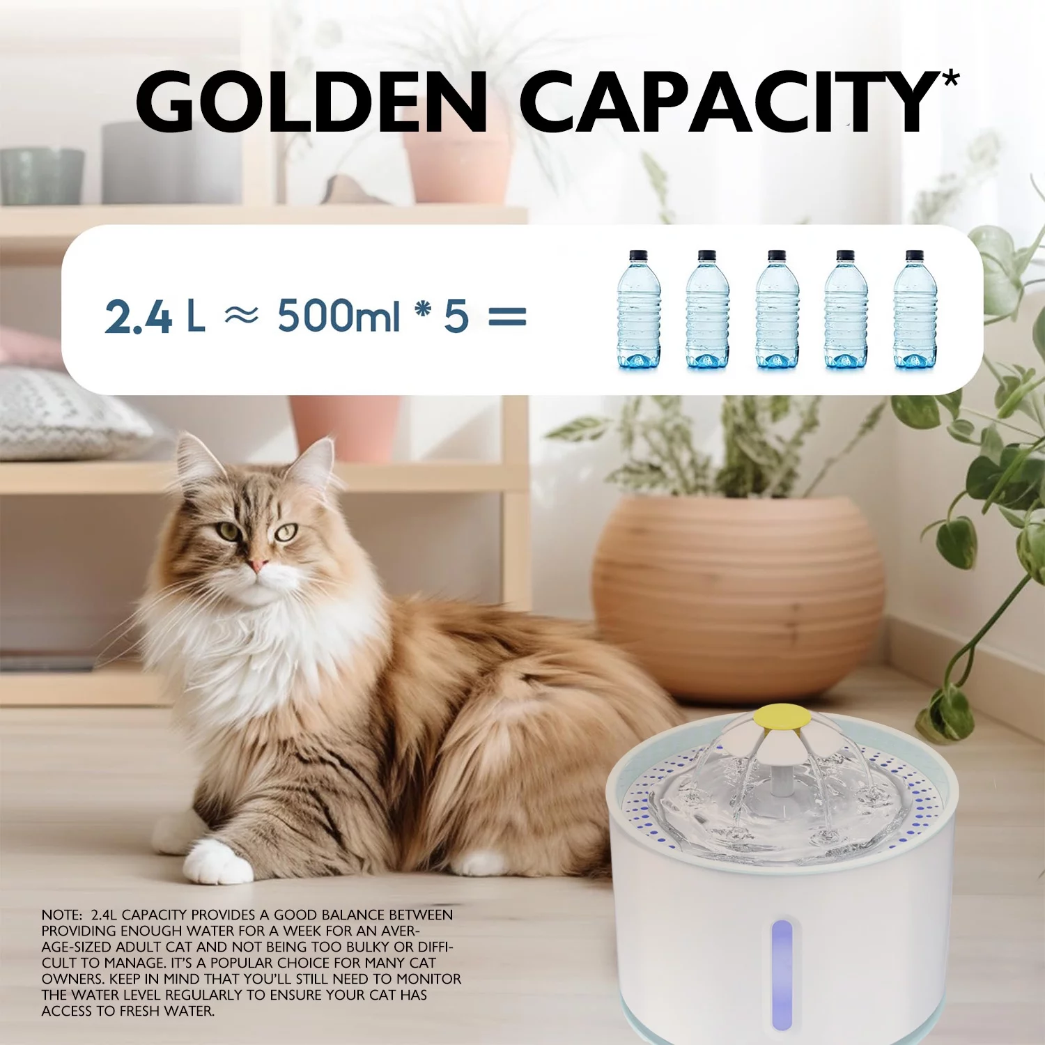 Petlivat Cat Water Fountain, Energy Saving Smart Pump w/ LED Light, 81oz/2.4L, 3 Filters Included, Automatic Water Fountain for Cats & Dogs