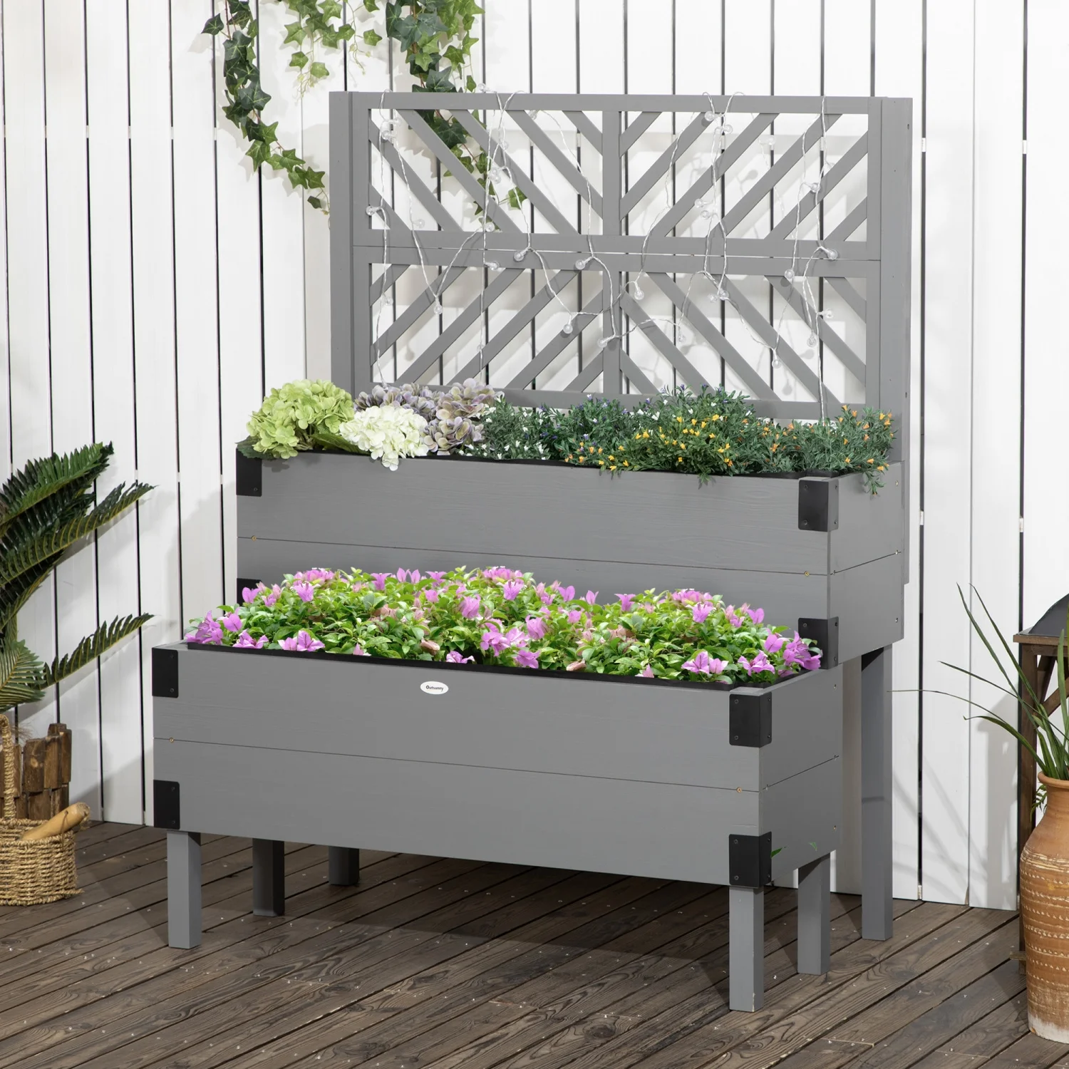 YLtoohoom Raised Garden Bed with Trellis  2 Tier Wooden Elevated Planter Box with Legs and Metal Corners  for Vegetables  Flowers  Herbs  Gray