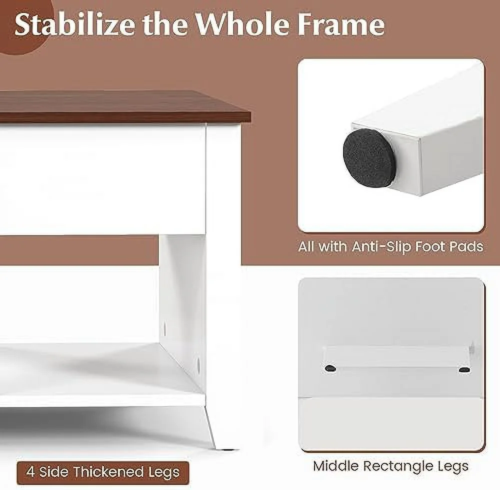 TJUNBOLIFE Lift Top Coffee Table Modern Wood Cocktail Table with Hidden Compartment and Lower  Shelves  Wooden Laptop Table Lift Tabletop Home  (White)