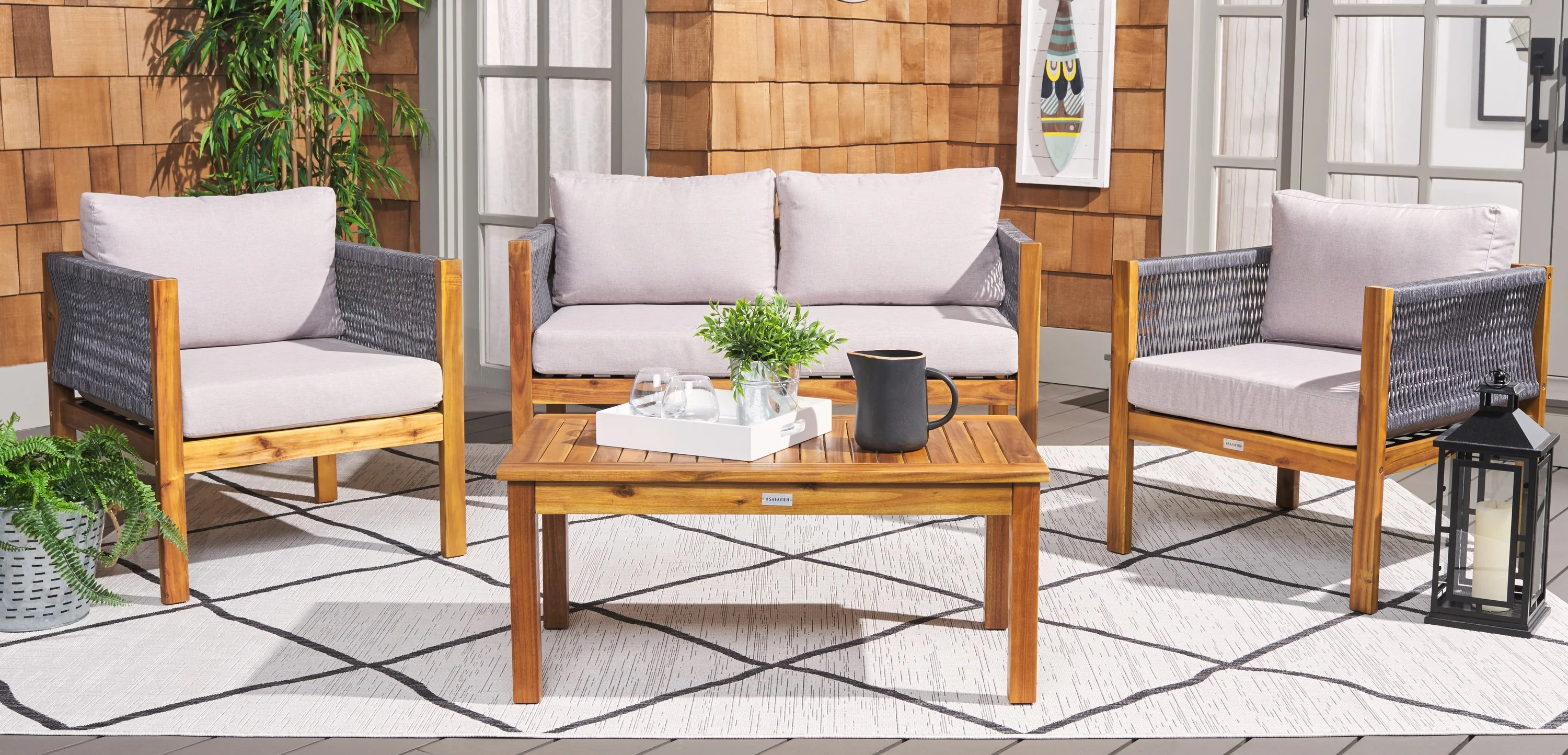 SAFAVIEH Wilson Outdoor Patio 4 Piece Conversation Set, Grey/Light Grey