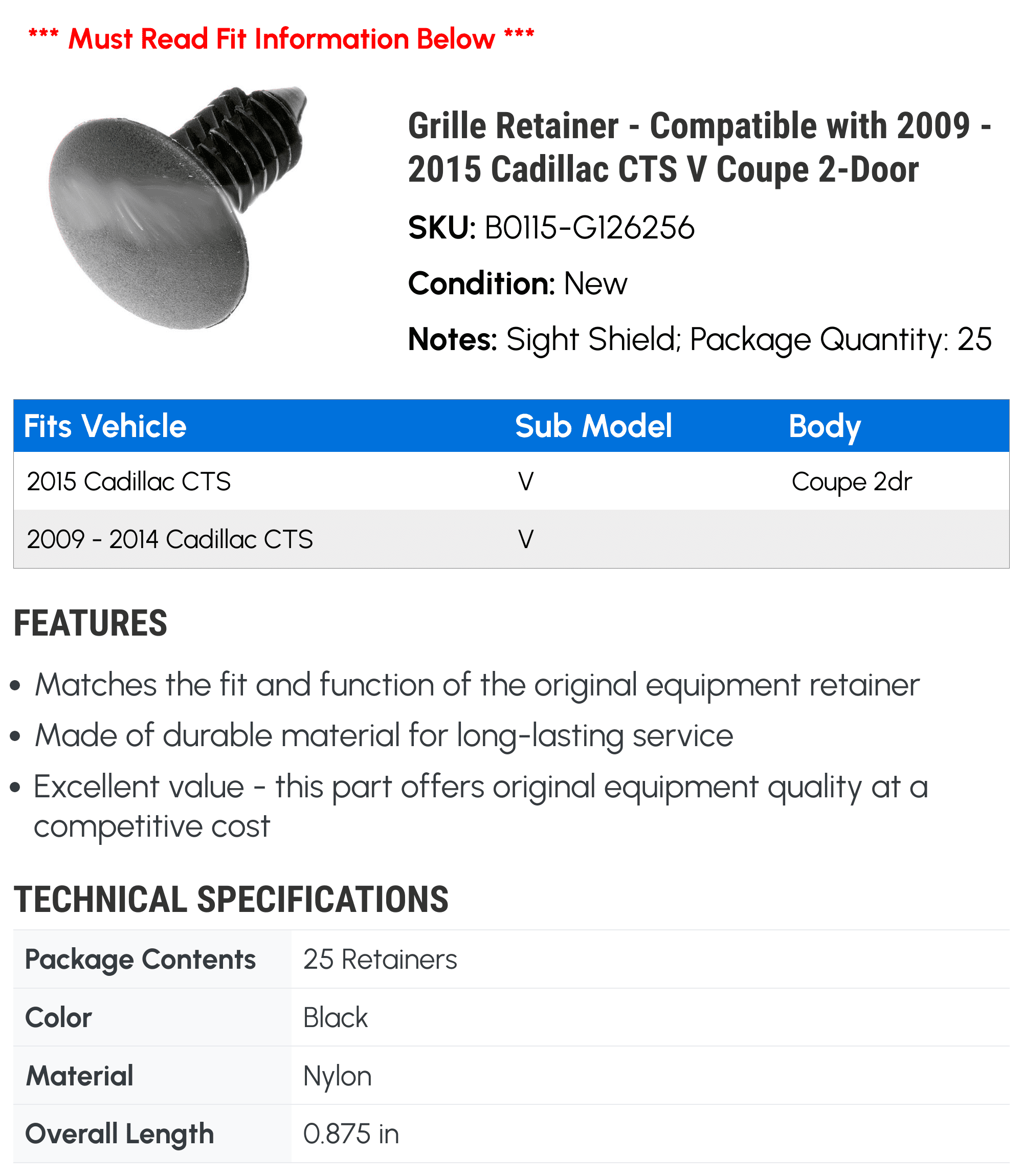 Grille Retainer - Compatible with 2009 - 2015 Cadillac CTS V Coupe 2-Door 2010 2011 2012 2013 2014