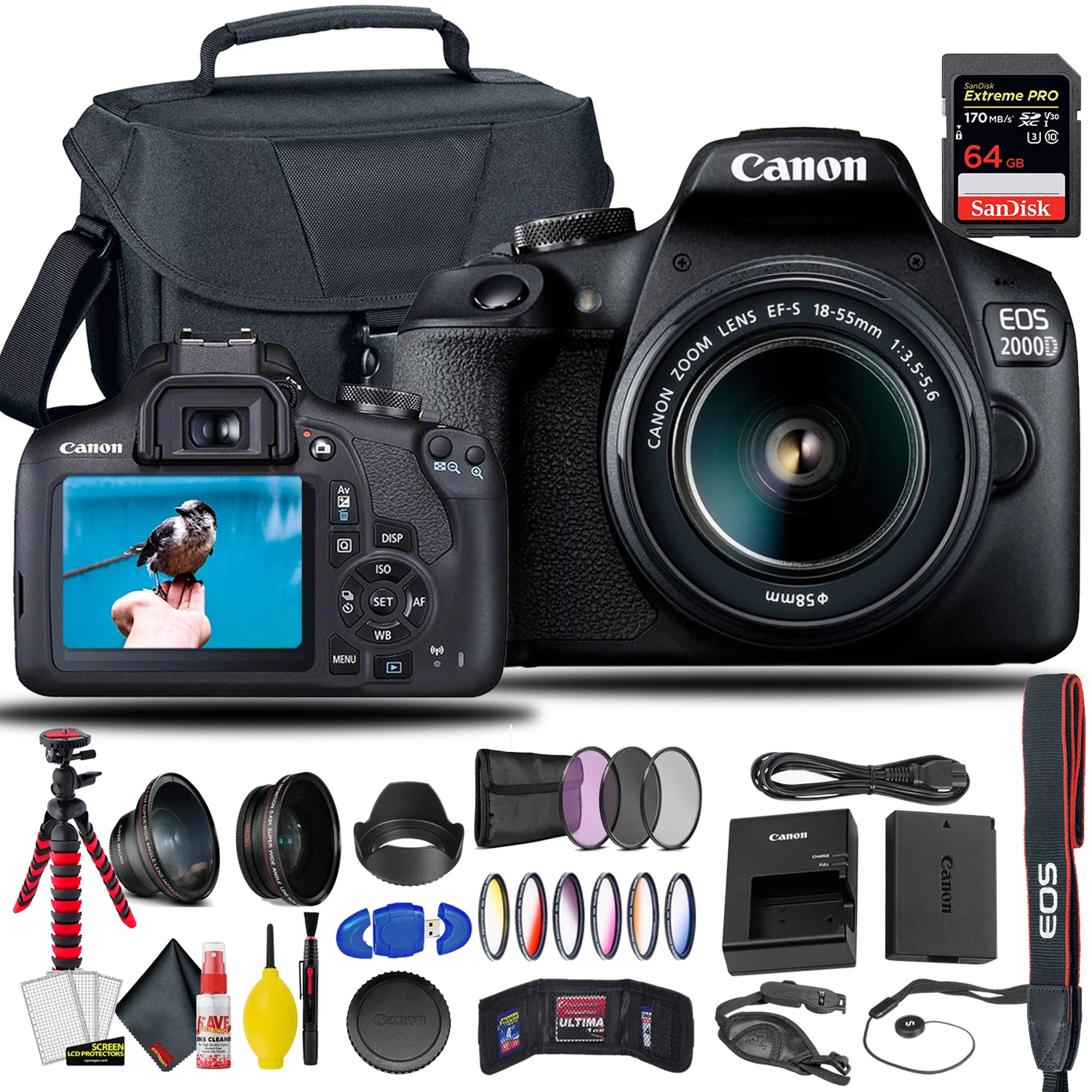 Canon EOS 2000D / Rebel T7 DSLR Camera With 18-55mm Lens +  Sandisk Extreme Pro 64GB Card + Creative Filters + EOS Camera Bag + Cleaning Set, + More (International Model)