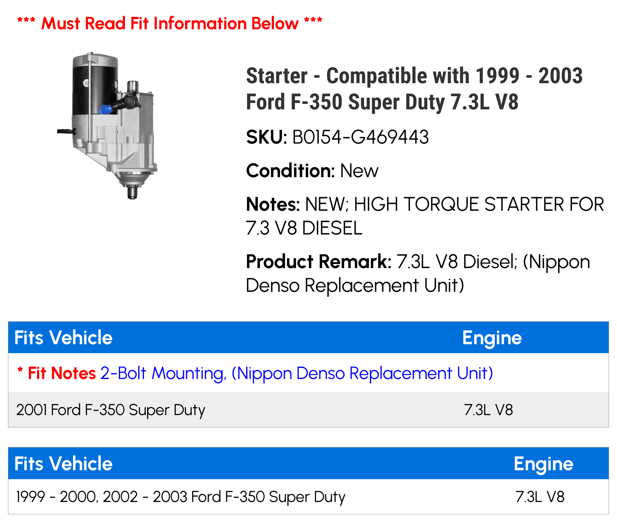 Starter - Compatible with 1999 - 2003 Ford F-350 Super Duty 7.3L V8 2000 2001 2002