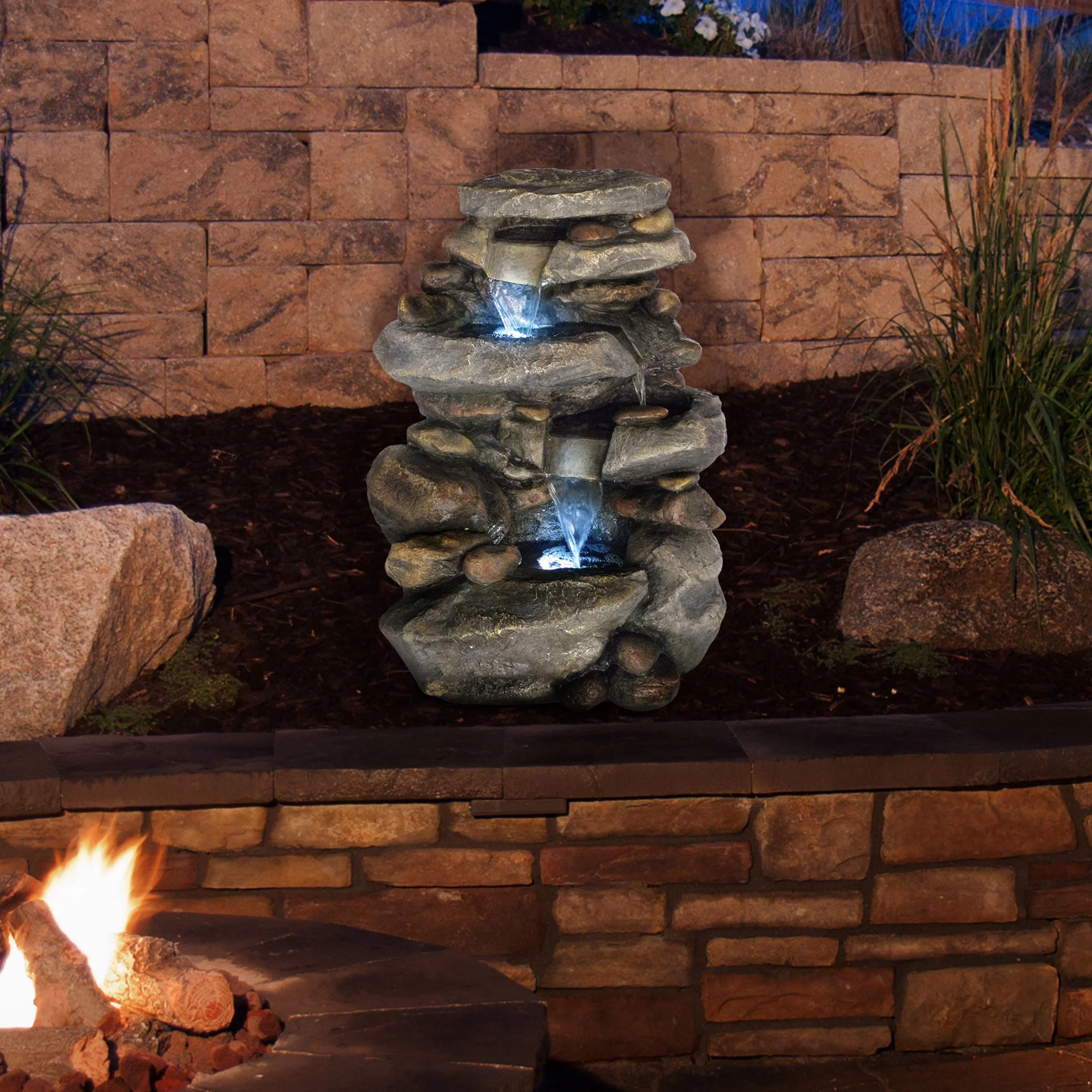 Villacera 4-Tier Outdoor Rock Water Fountain with LED Lights