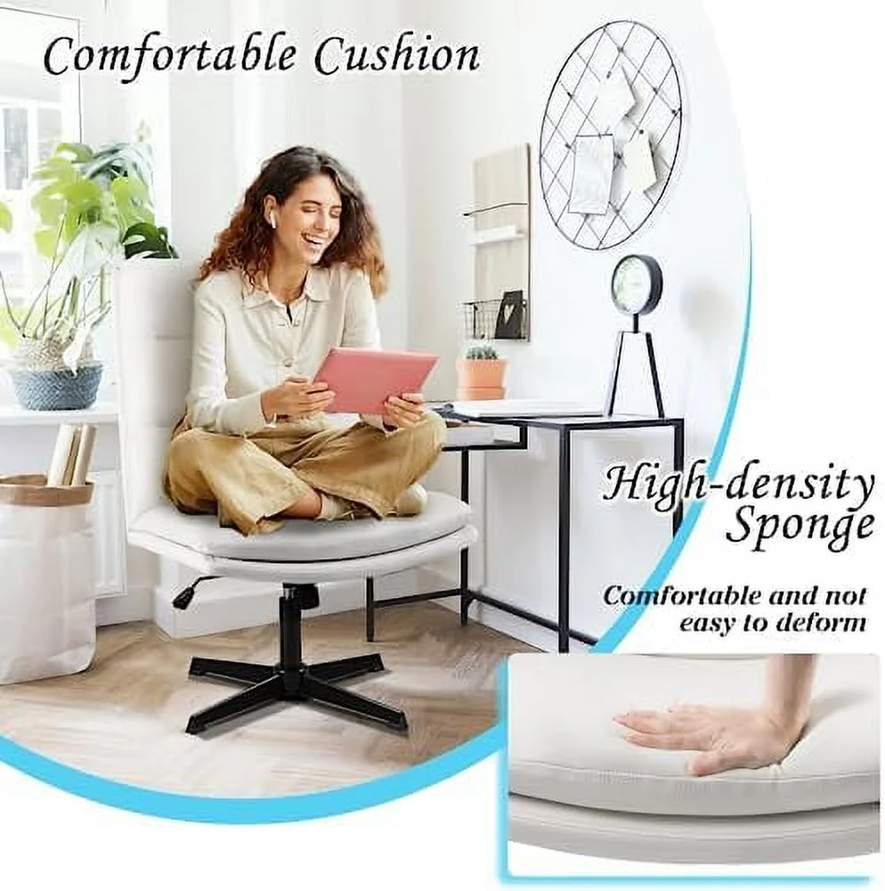 TJCGDTY High Back Armless Office Desk Chair No Wheels  PU Leather Cross Legged Office Chair  Wide Seat Home Office Desk Chairs  Adjustable Swivel Vanity Task Computer Chair (Beige)