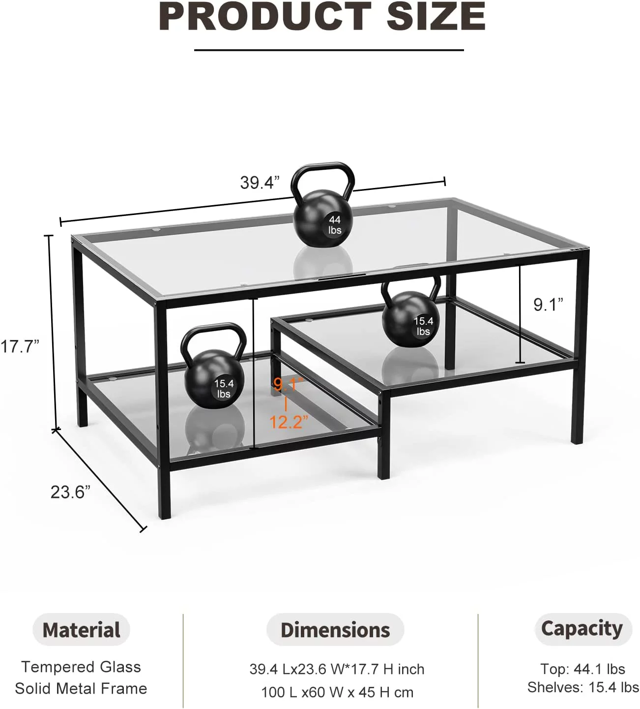 IKIFLY Rectangular Glass Coffee Table, Metal Frame Center Table with 2-Tier Adjustable Storage Shelves, Cocktail Table for Living Room