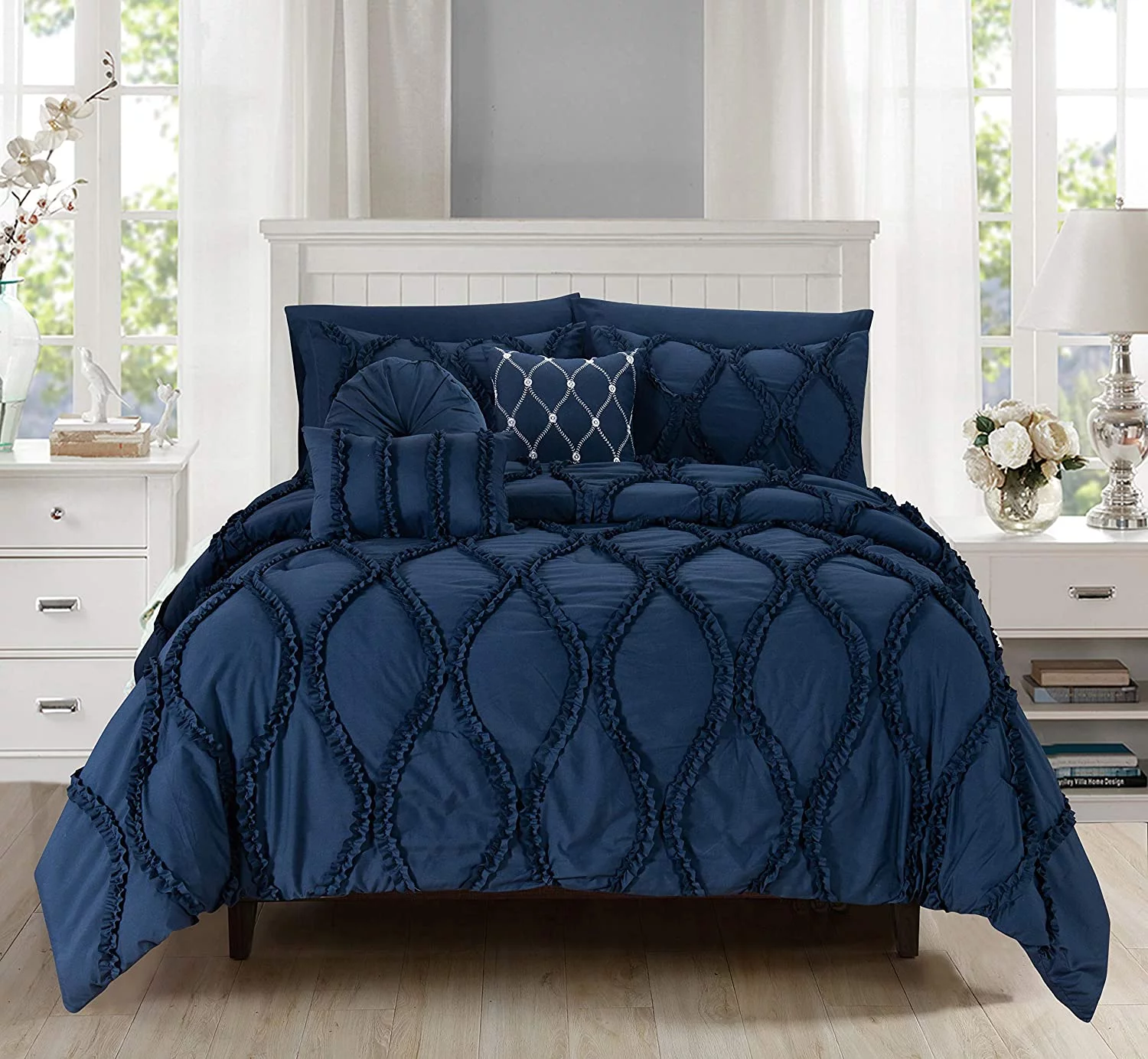 OUWI 10pc Bed-in-a-Bag Infinity Design Comforter Set, Ultra Soft Bed Set Featuring Decorative Pillows and Fitted Sheet with Storage Pockets, Infinity Comforter, Full/Queen, Midnight Navy