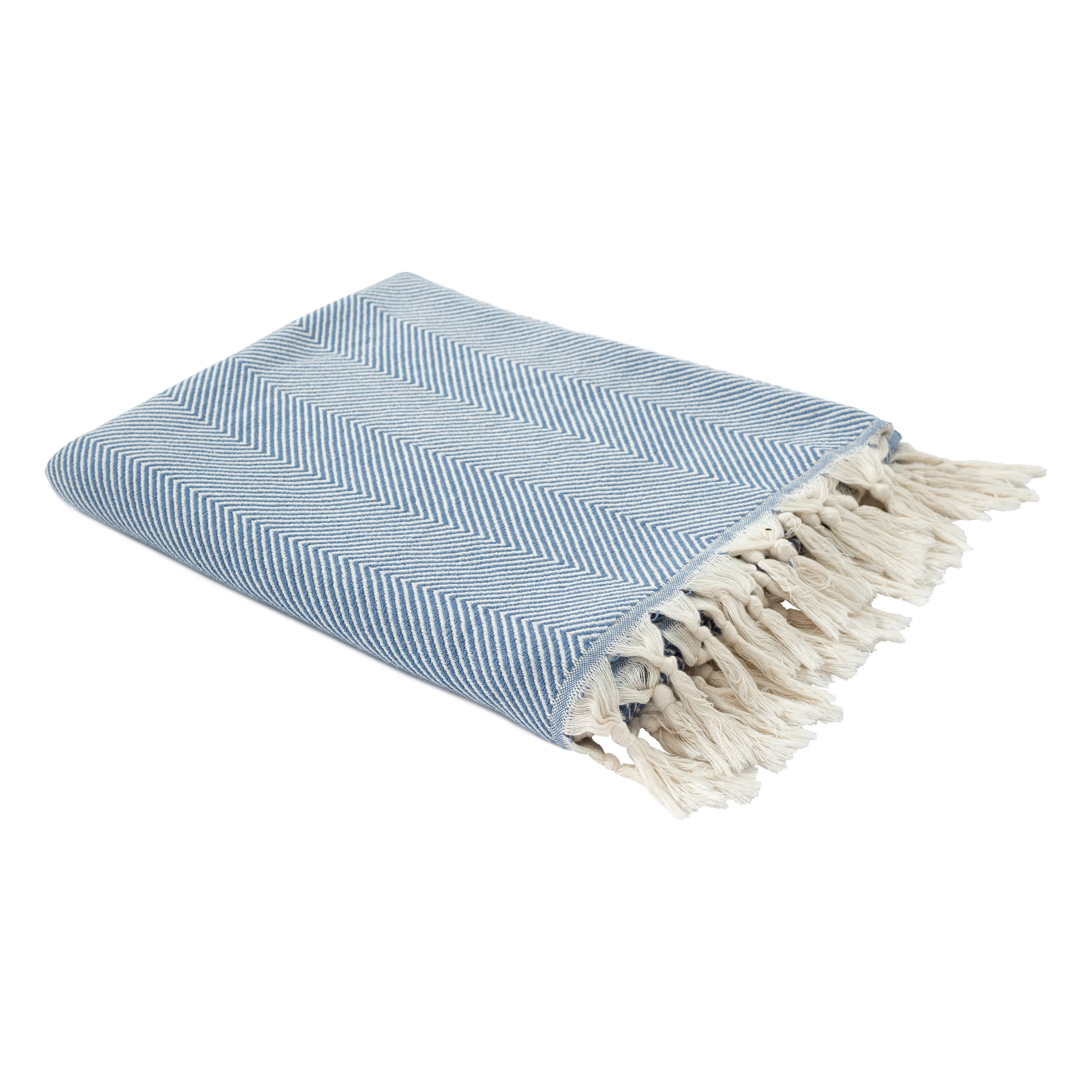 Ox Bay Faded Blue/ Cream Herringbone Turkish Organic Cotton Throw Blanket, 50