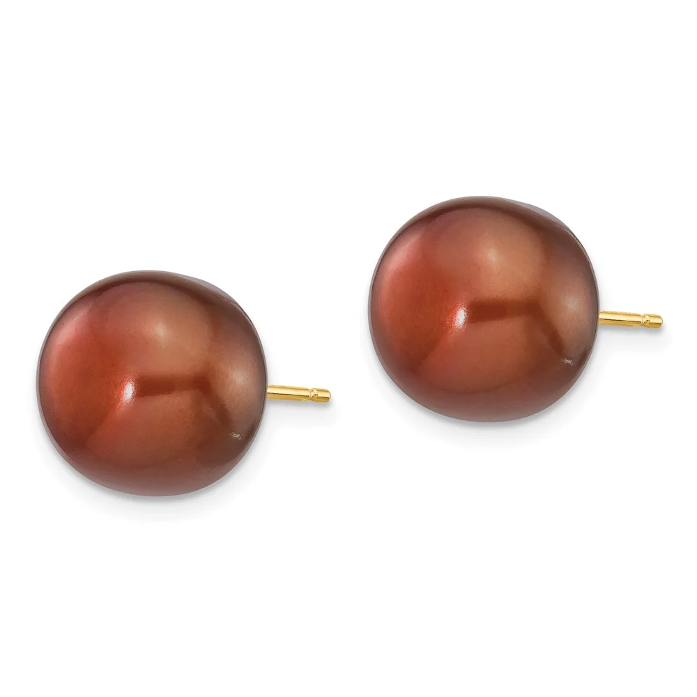 14k 11-12mm Brown Button Freshwater Cultured Pearl Stud Post Earrings QX110BC
