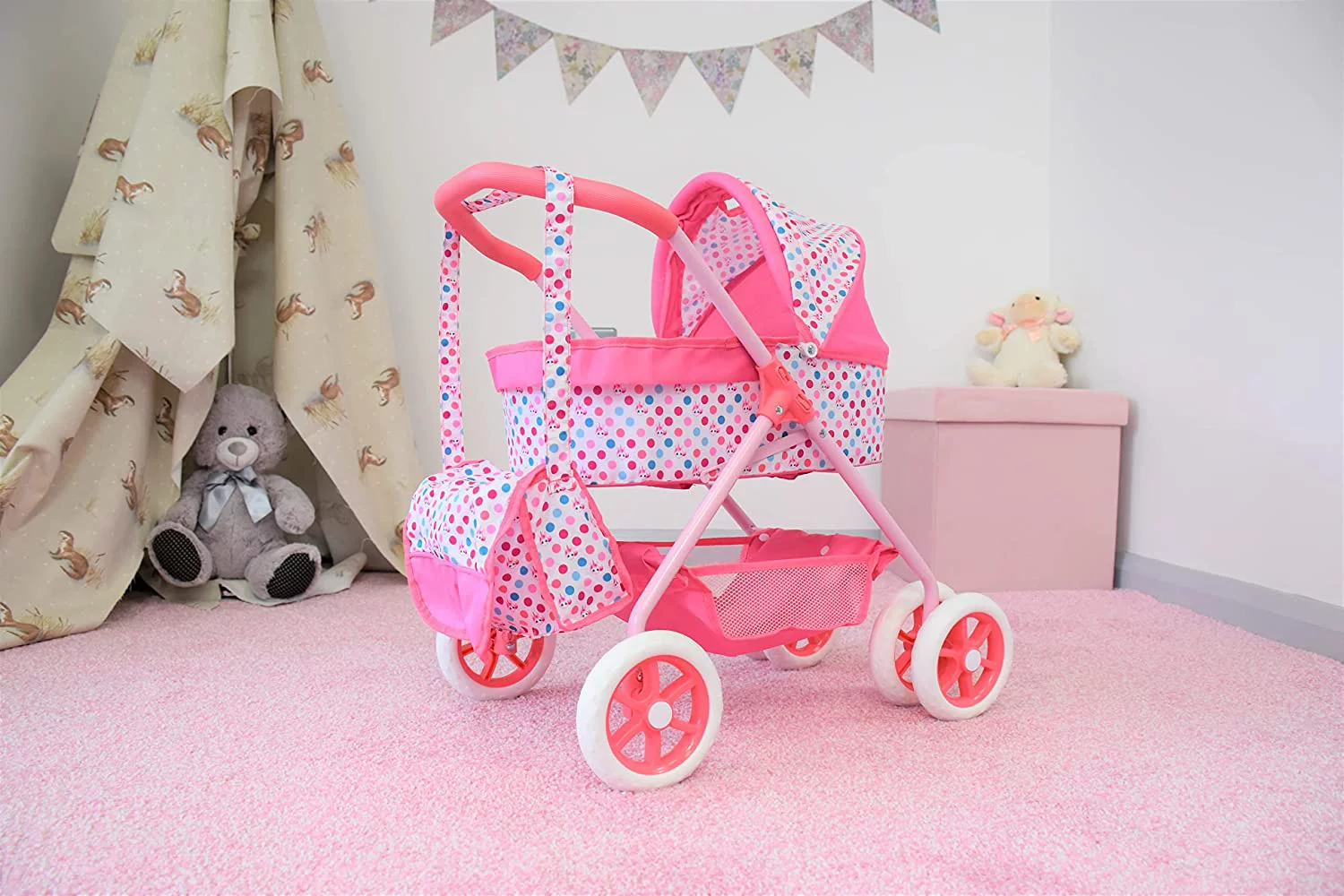 KOOKAMUNGA KIDS Baby Doll Stroller Reversible Forward & Backward Facing Pram Removable Bassinet & Bed Retractable Canopy Storage Basket Changing Bag for Dolls up to 18”