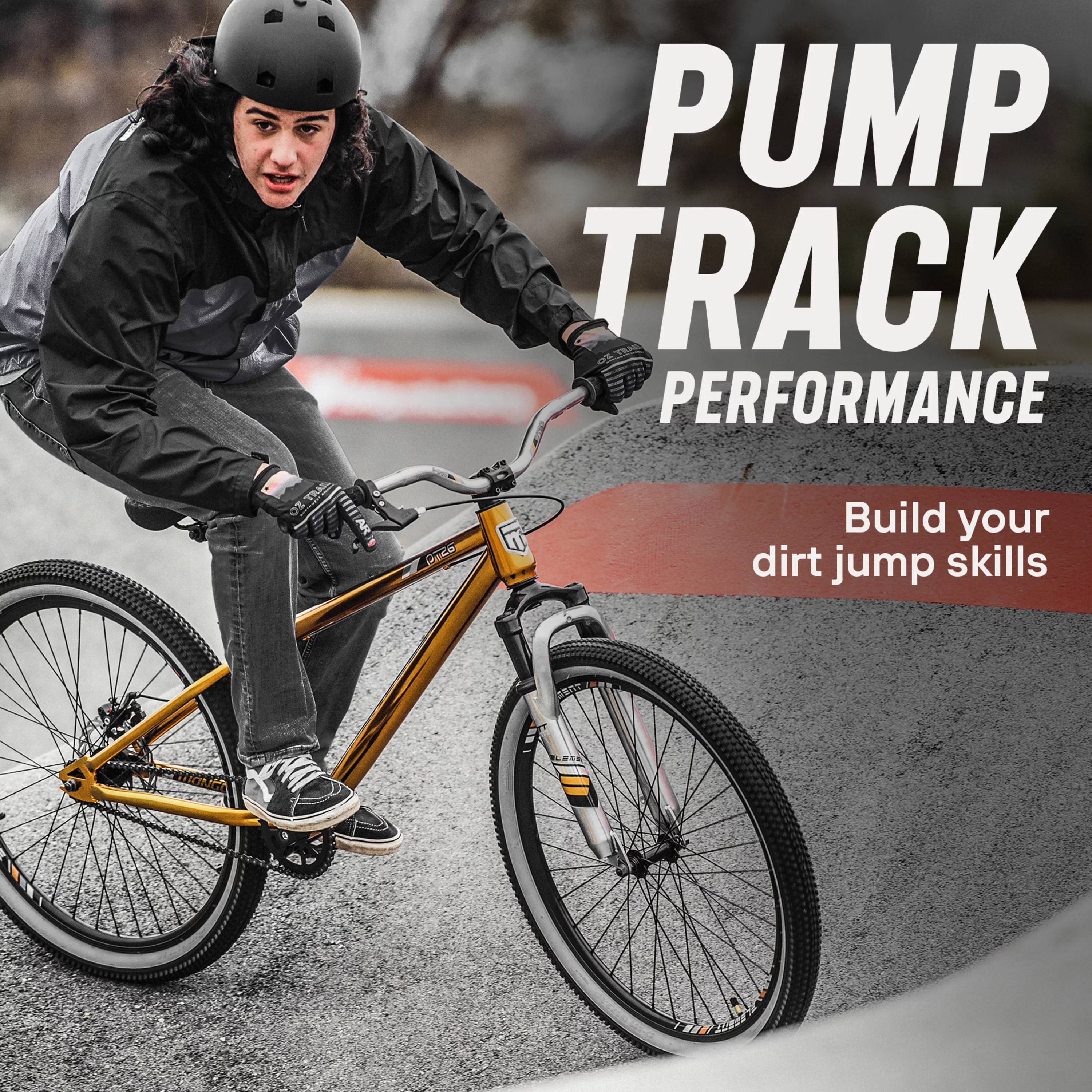 Mongoose PT26 dirt jump bike, pump track, single speed, 26-inch wheels, copper