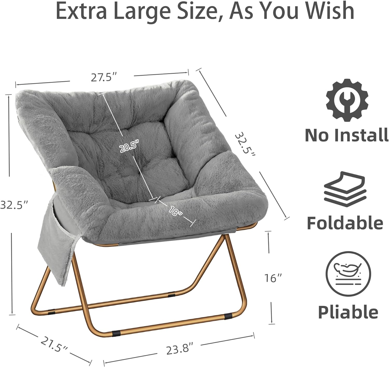 Comfy Saucer Chair, Foldable Living Room Chairs, Soft Faux Fur Lounge Chair for Bedroom, Reading Chairs for Adults, Kids, X-Large (Faux Fur-Grey)