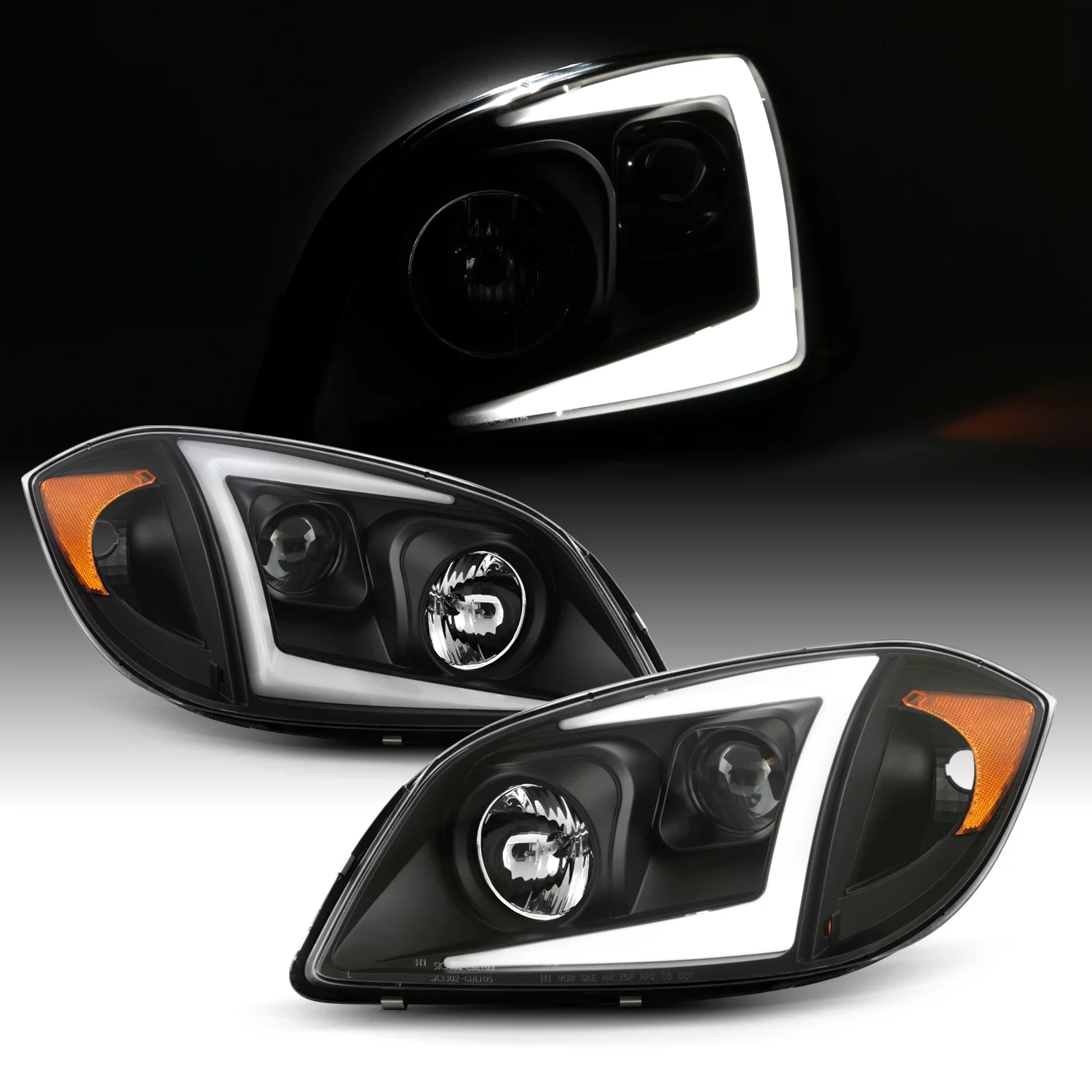 AKKON - Fits 2005-2010 Chevy Cobalt 2007-2010 Pontiac G5 05-06 Pursuit  LED [C-Tube] Projector Black Headlights Pair Left+Right