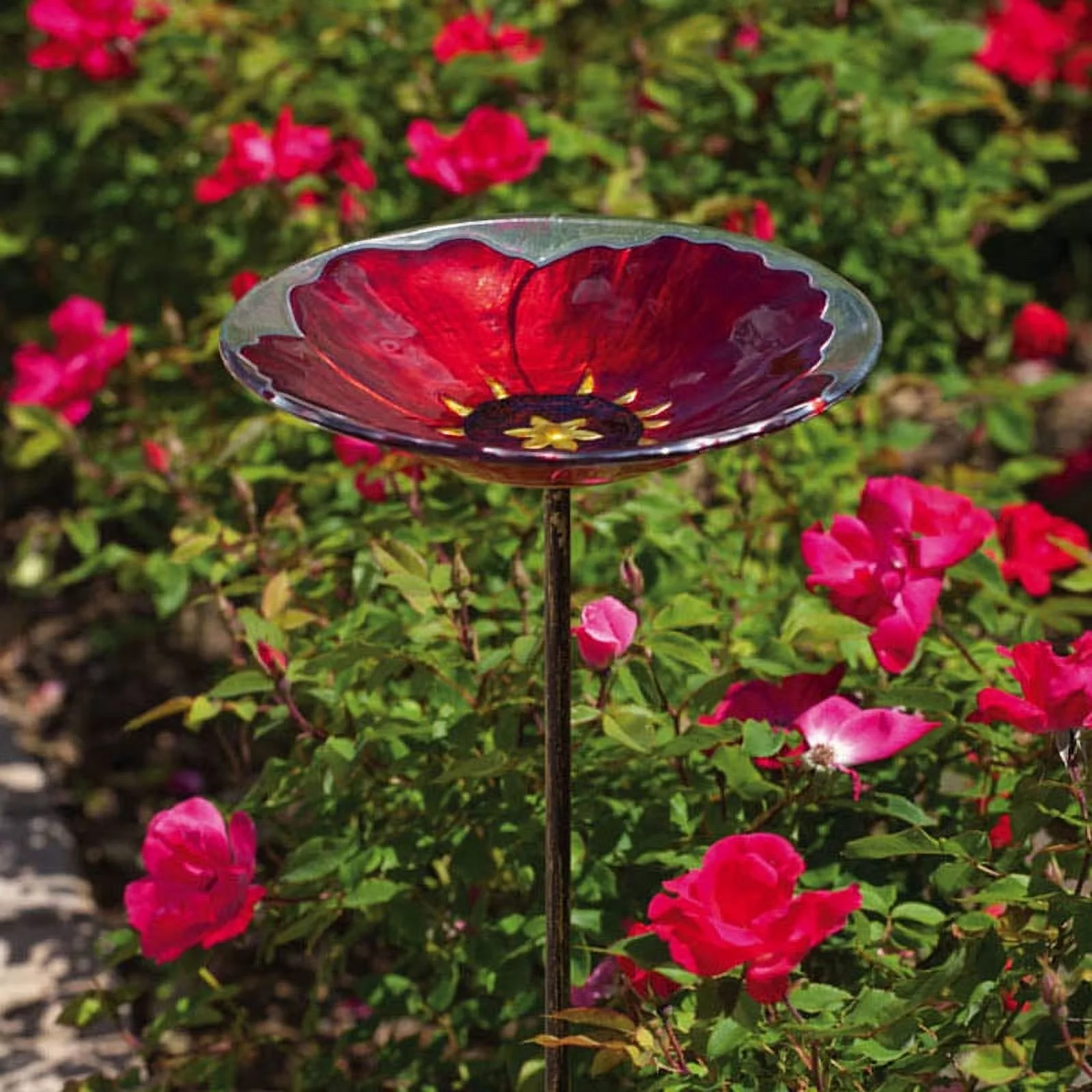 Glass Birdbath with Stake, Ruby Pansy, 11.3