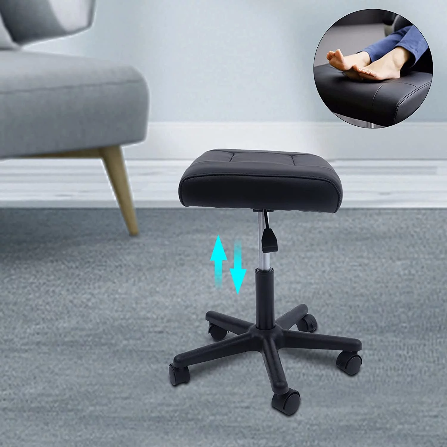 Fichiouy Black Height Adjustable Footrest with Wheels Ergonomic Office Foot Stool