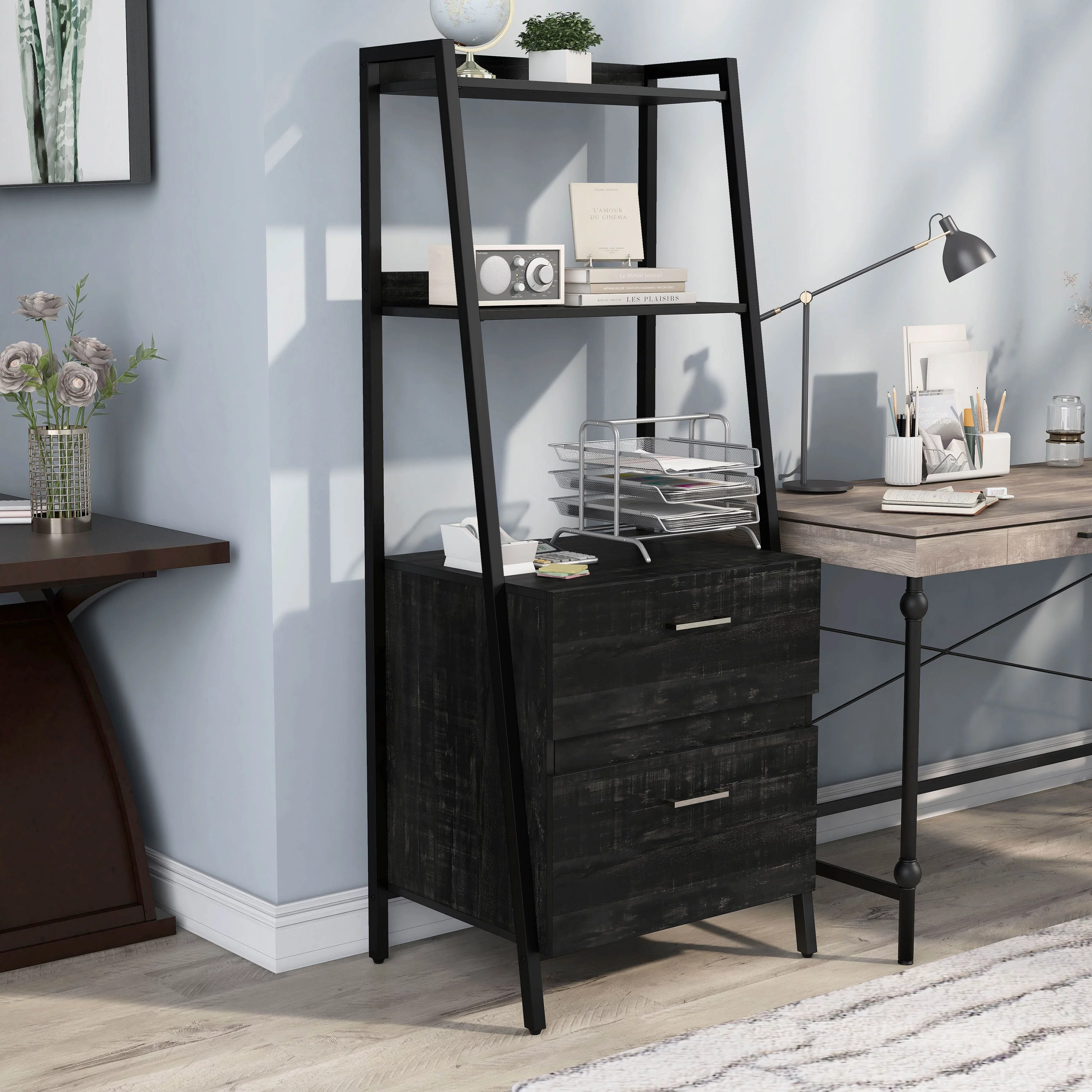 Denhour DH BASIC Contemporary Iron 2-Drawer Bookshelf with File Cabinet by  Light Hickory