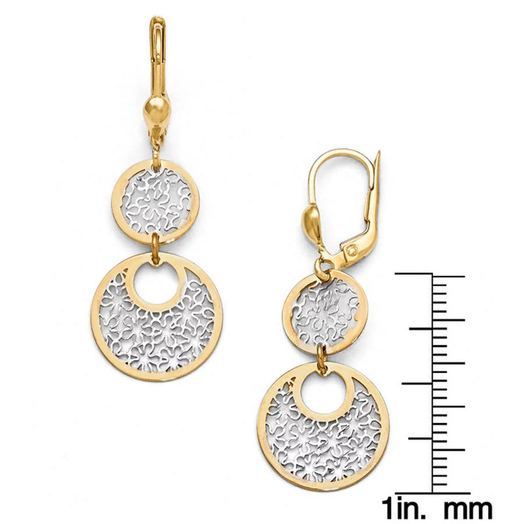Primal Gold 14 Karat Yellow Gold with White Rhodium Polished and Textured Leverback Earrings