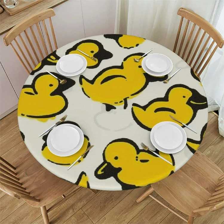WXKJ Yellow Cartoon Duck Fitted Round Tablecloth Waterproof Table Cloth with Elastic Edge Wipe Clean Table Covers for Indoor Outdoor White