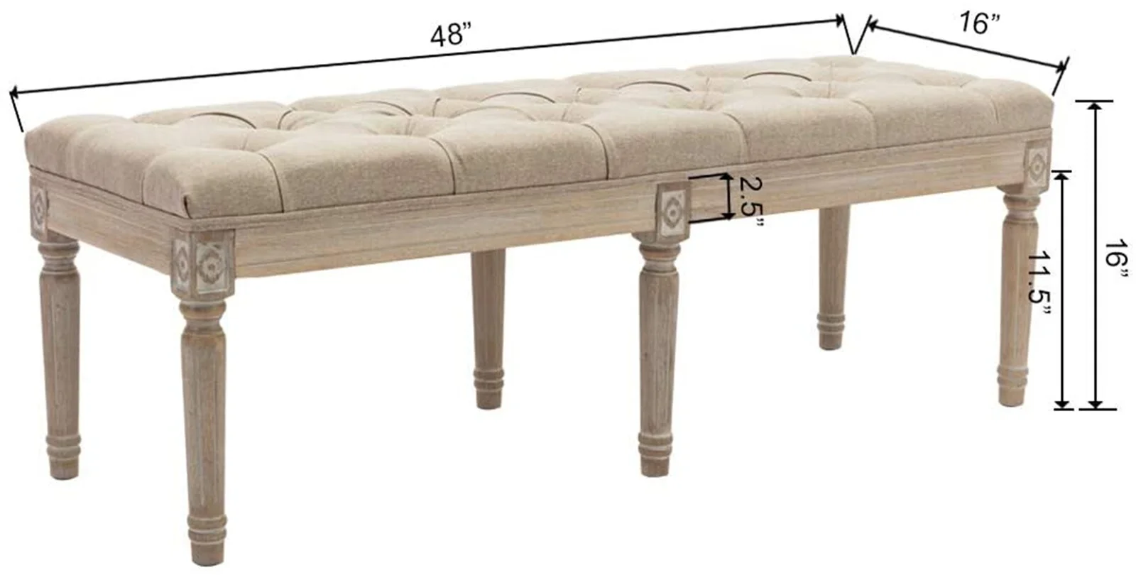 French Vintage Bench, Multifunctional Upholstered Entryway Shoe & Dining Bench, Padded Seat & Wood Legs, Lilen-like Fabric with Button Design, Indoor&nbsp;Furniture (Cream, 48x16x16 inches)