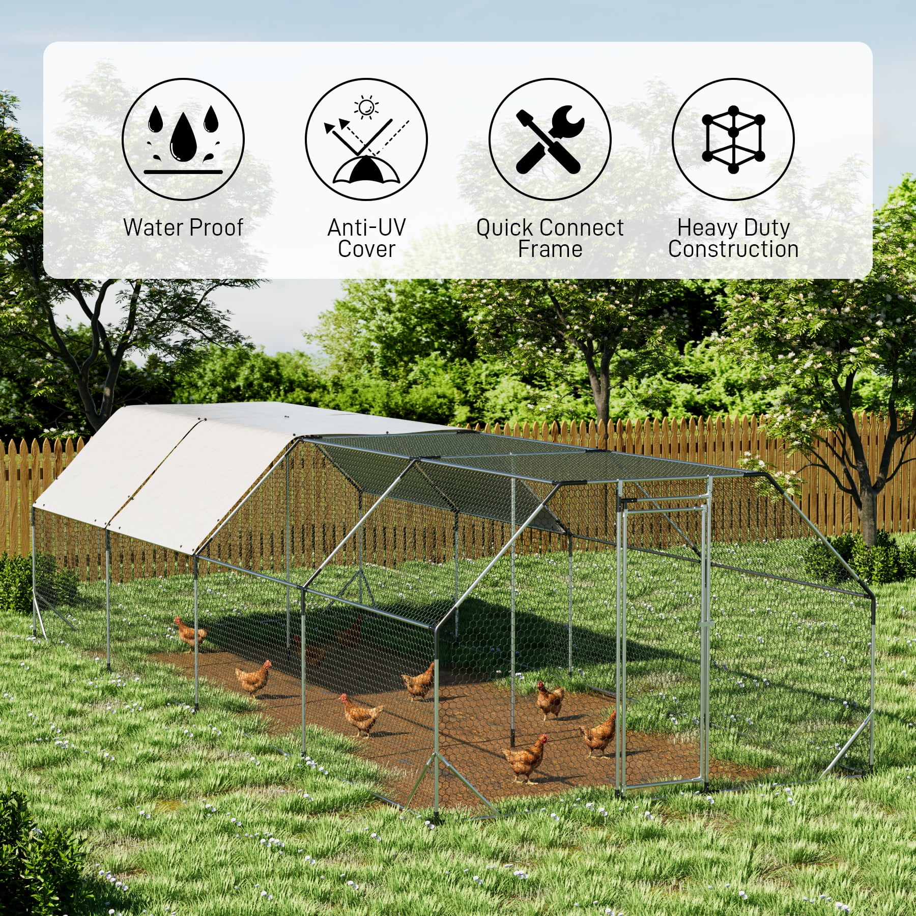 Ouyessir Outdoor Chicken Coop Large Metal Chicken Coop Flat Shaped, Walk-in Hen Cage, Outdoor Poultry Cage with Waterproof Cover for Backyard(10’L x 26’W x 6.36’H ft)