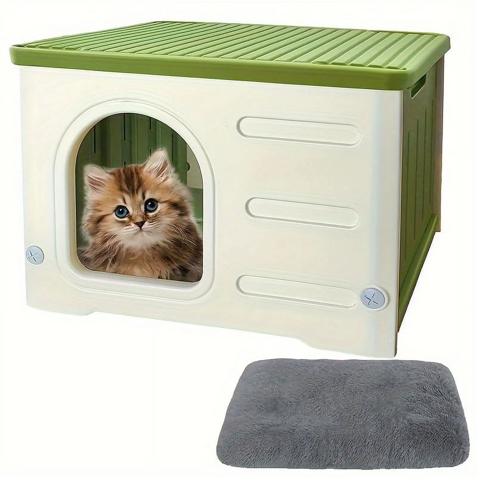 Plastic Cat House for Outdoor Indoor Use, Stackable Feral Cat Shelter Indoor Cat House Insulated Weatherproof Waterproof Elevated with Cat Scratching Board & Cushion (Green)