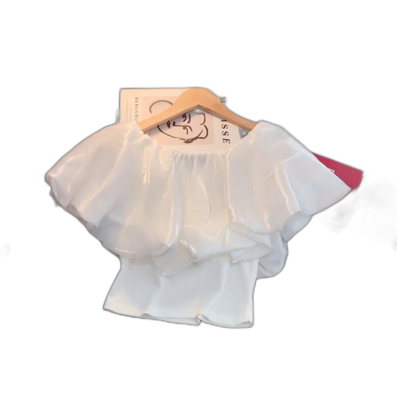 Summer Fashionable Square Neck Pleated Satin Lantern Sleeve Shirt For Women, Fashionable And Chic Short Navel Revealing Top For Women